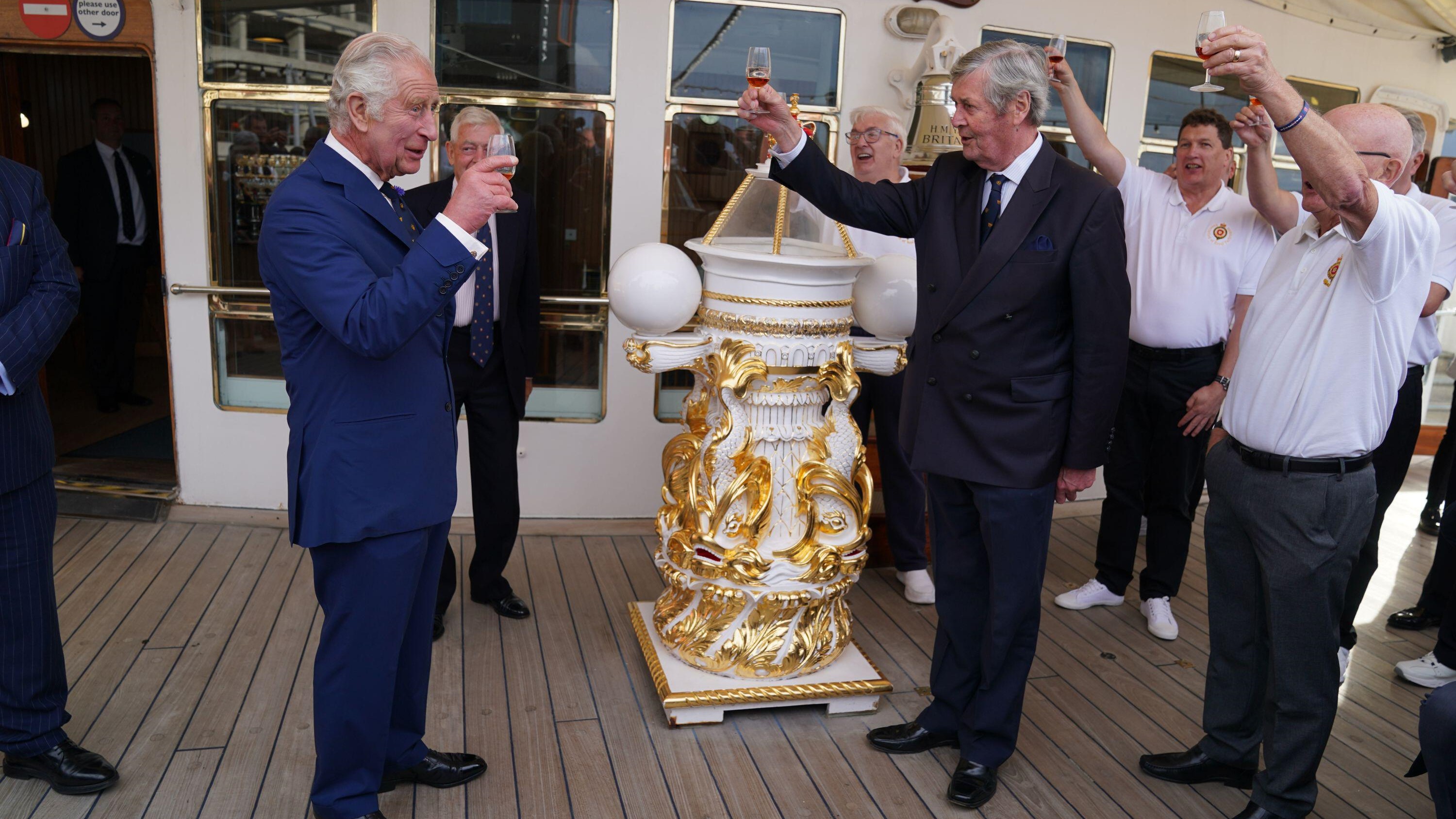Image ID 2RAFPNG Members of the Royal Yacht Britannia toast King Charles during tour of the Royal Yacht Britannia 03072023 CREDIT PA,Alamy EXP 041123.jpg