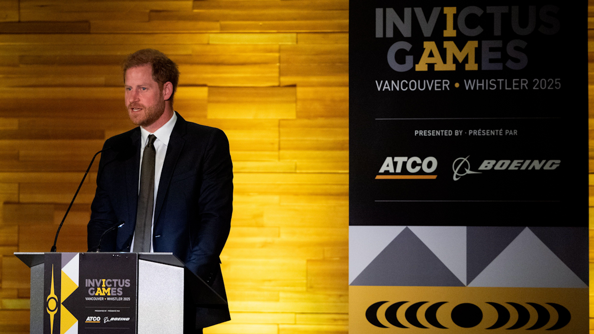 Prince Harry speaks during the One Year to Go Invictus dinner