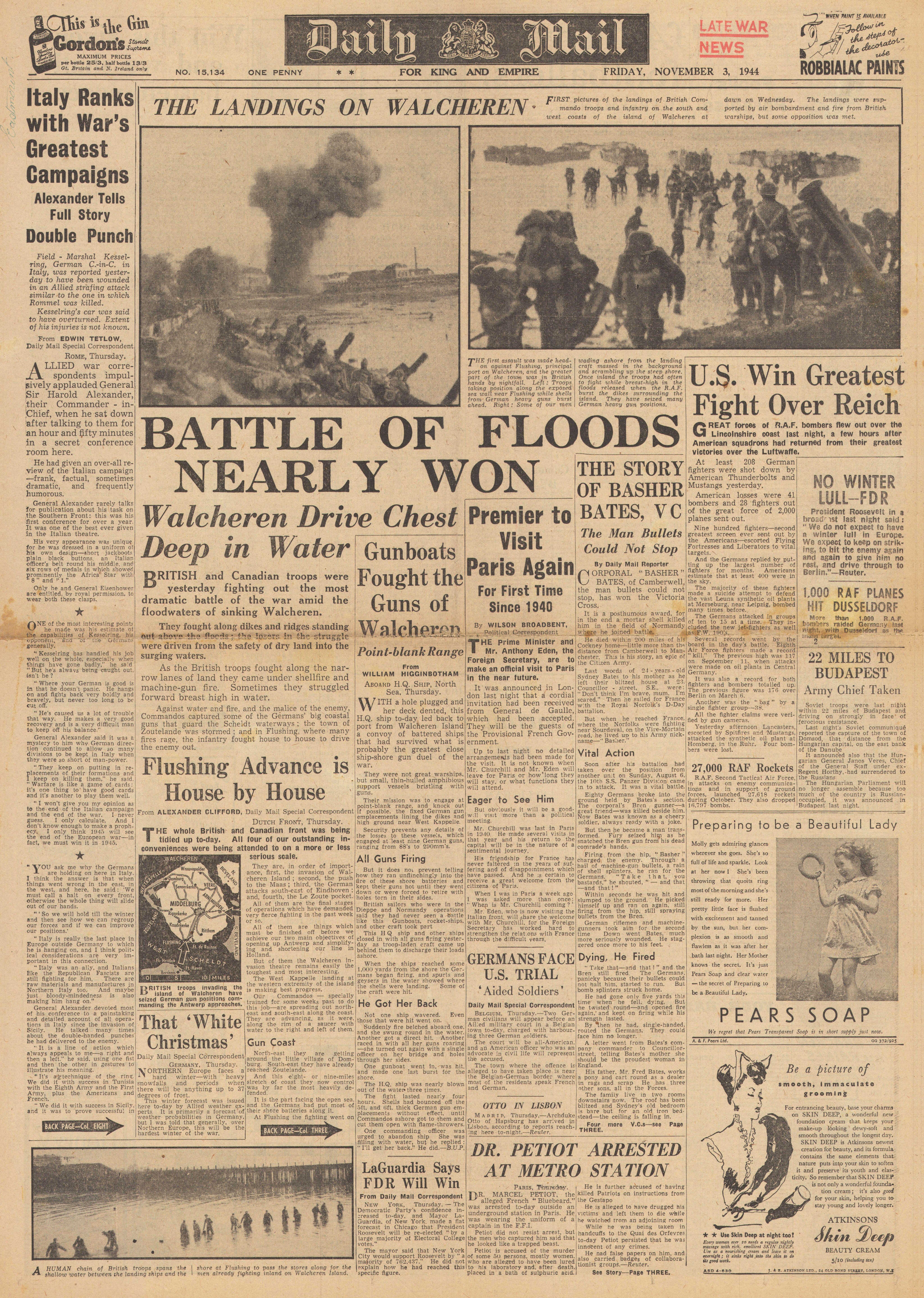 Image ID 2WT30M1 1944 Daily Mail front page reporting Battle for Walcheren Island and Fred Bates awarded the VC CREDIT ALAMY