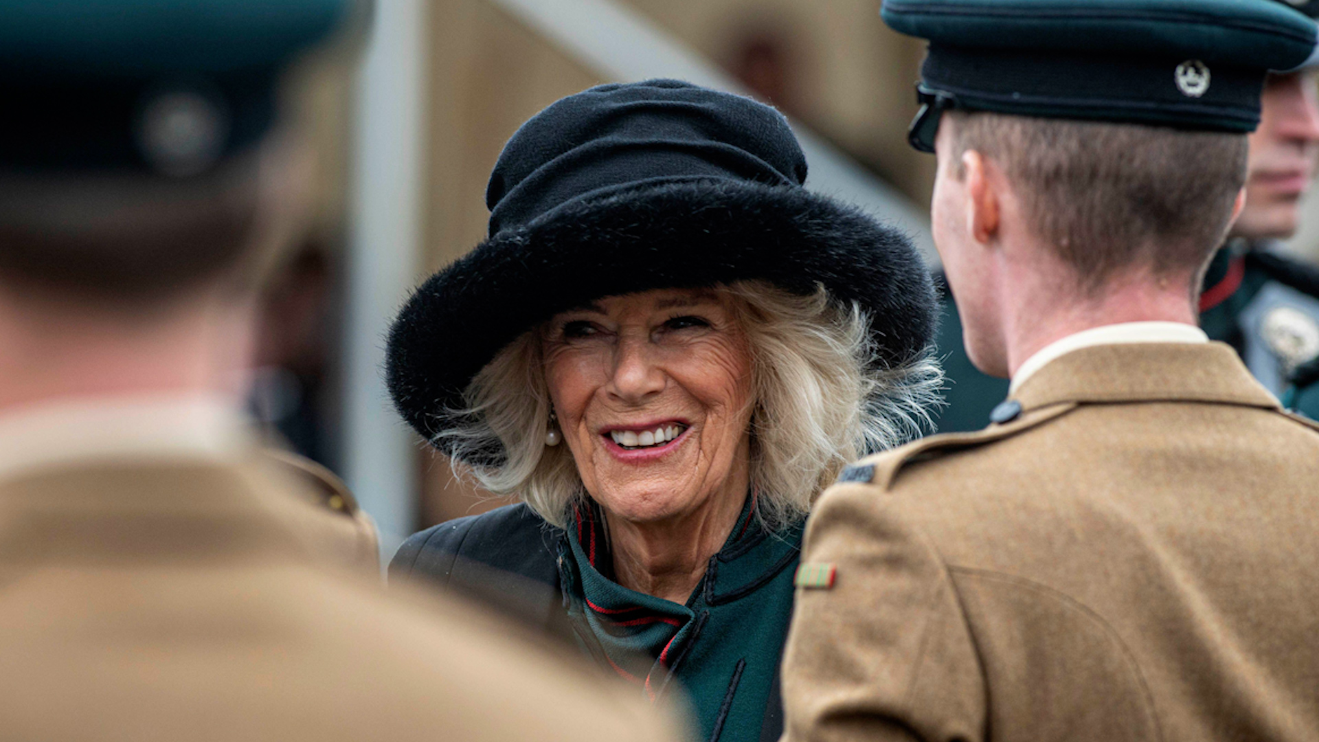 Queen Camilla inspecting the riflemen during a parade at Thiepval Barracks