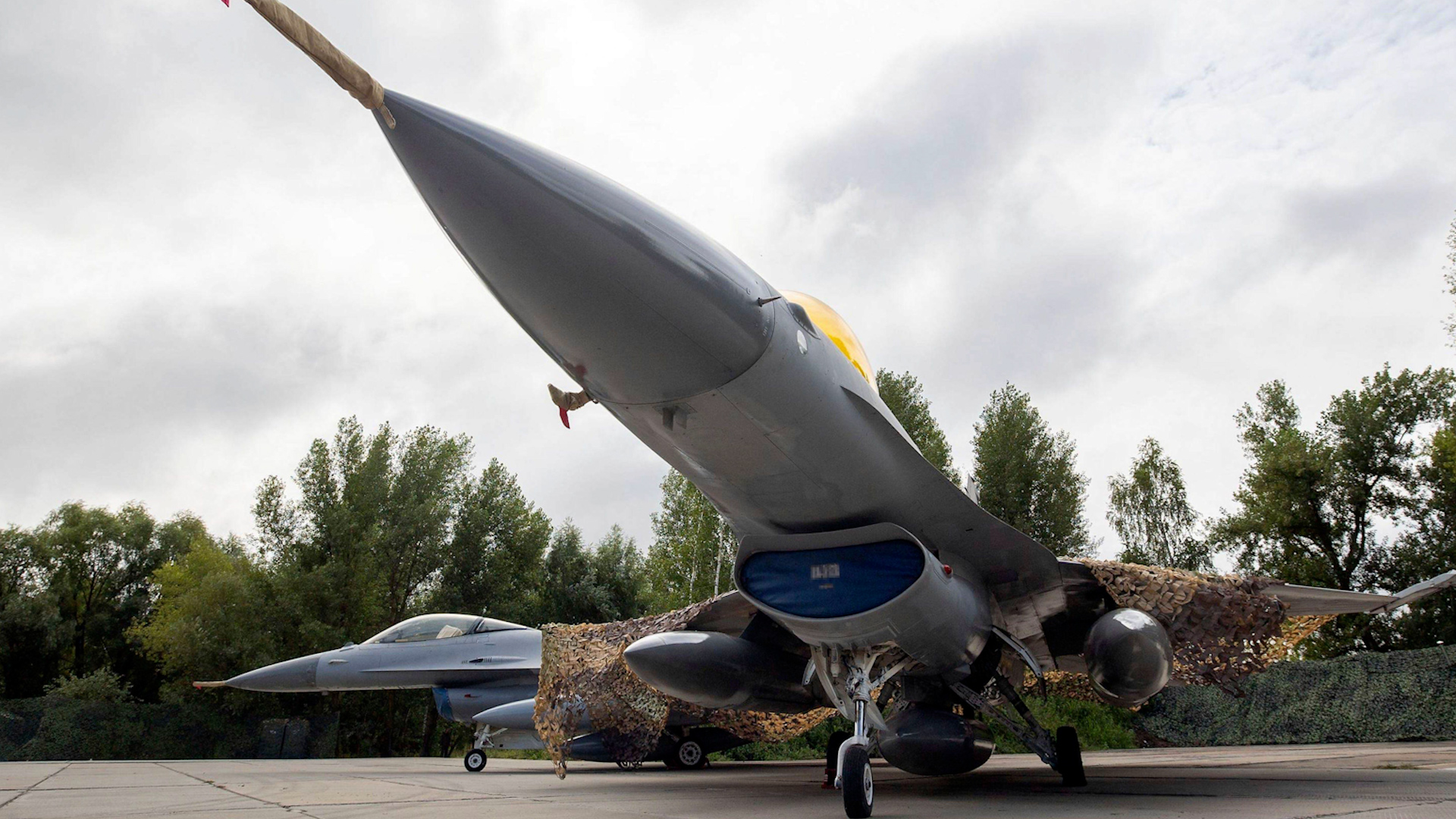 Two of the newly delivered Ukrainian Air Force F-16 combat aircraft on display during a celebration of Air Force Day 04082024 CREDIT Alamy EXP 23112024