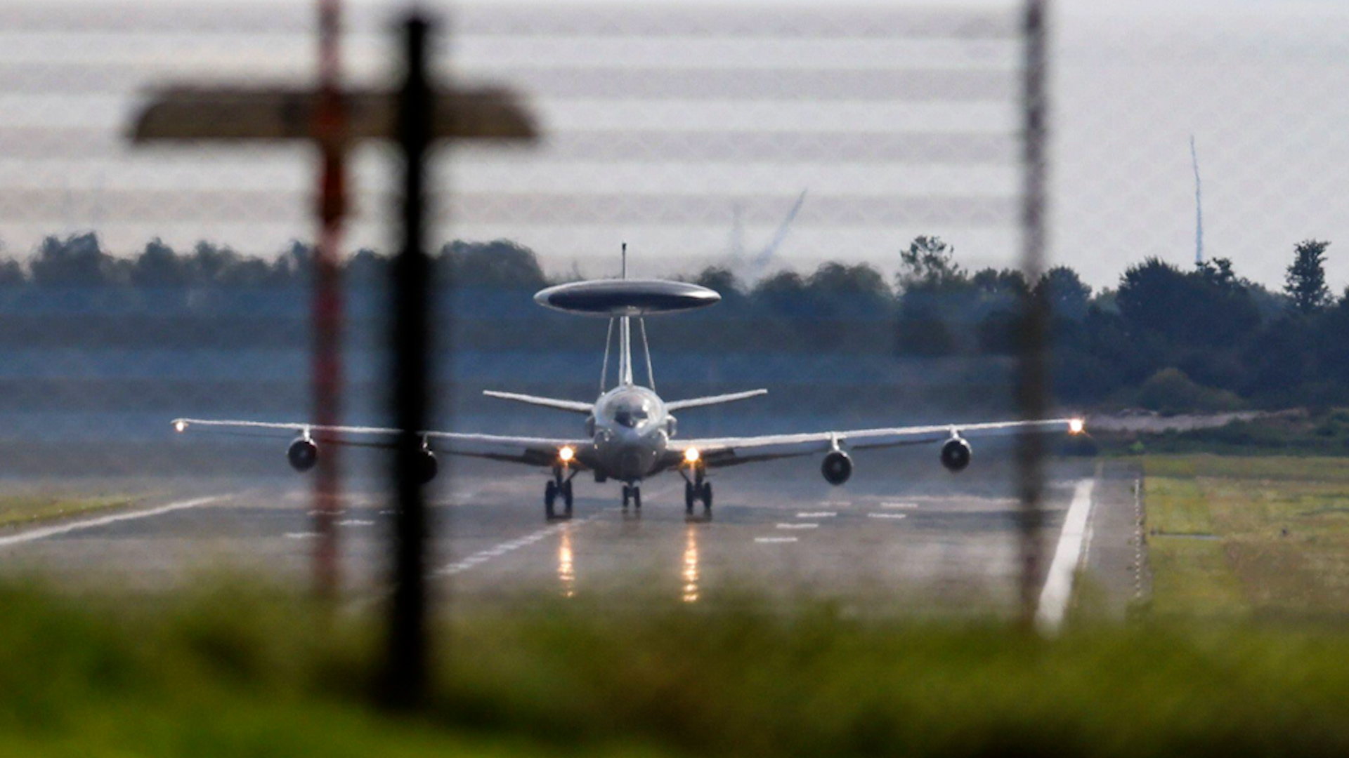 Awacs aircraft before take-off on the runway at the NATO airbase in Geilenkirchen