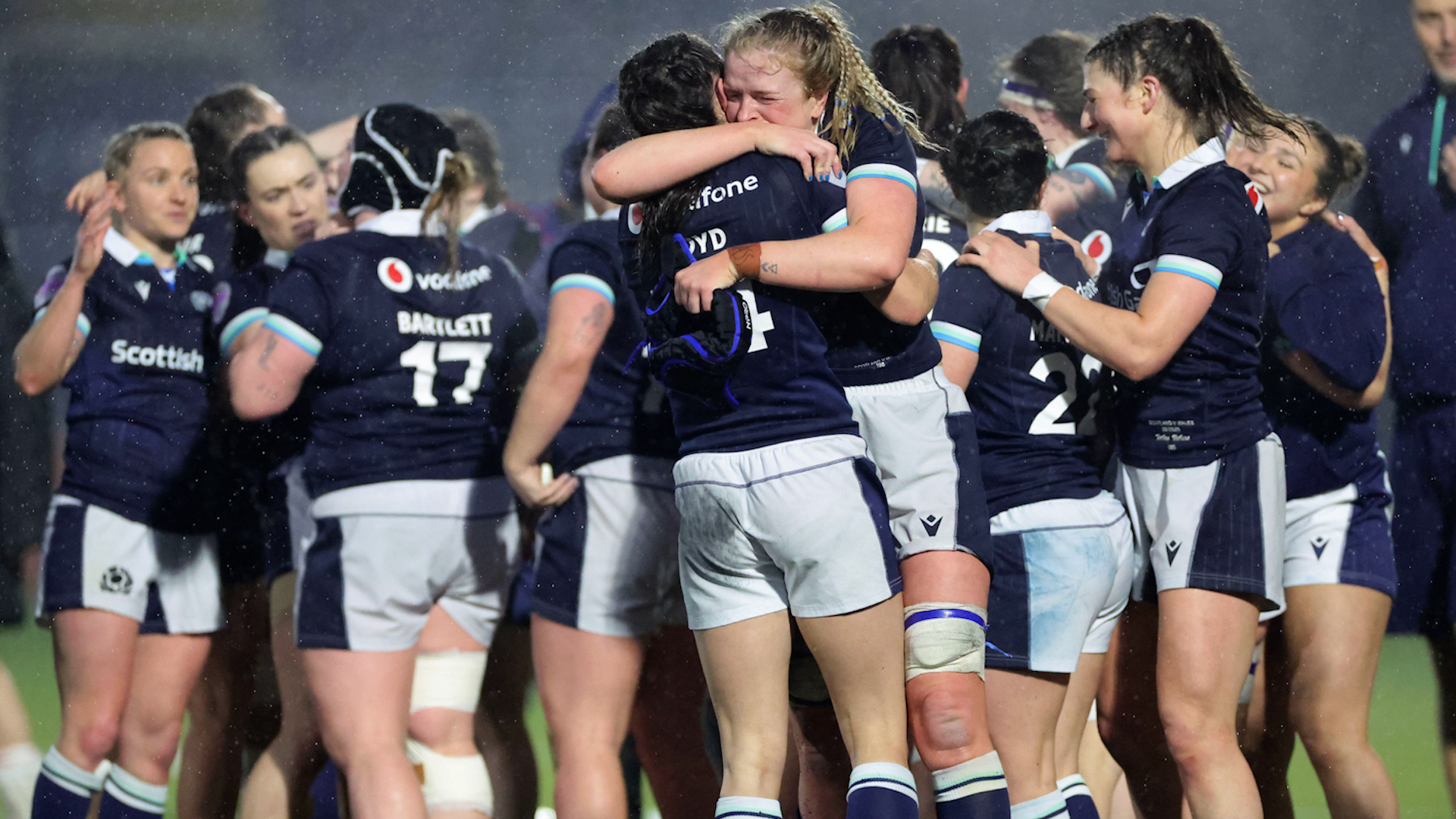 Image ID 3A5BTK2 Scotland's Sarah Bonar (left) and Rhona Lloyd celebrate the win after the Guinness Women's Six Nations match at the Hive Stadium, Edinburgh NO REUSE CREDIT PA Images Alamy Stock Photo .jpg