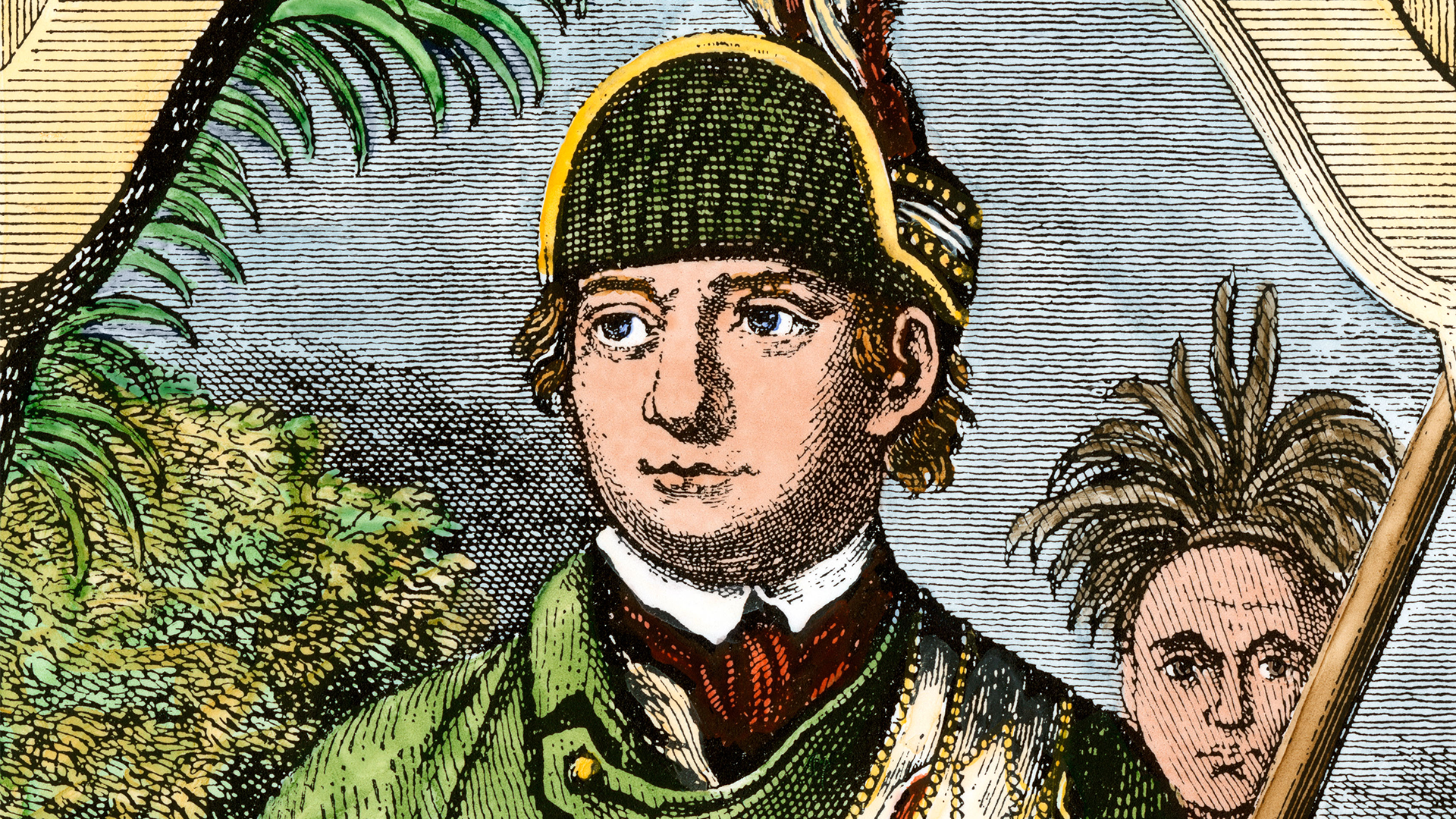 Image ID B8GAE9 Rogers Rangers leader Robert Rogers, French and Indian War. Hand-colored woodcut CREDIT ALAMY
