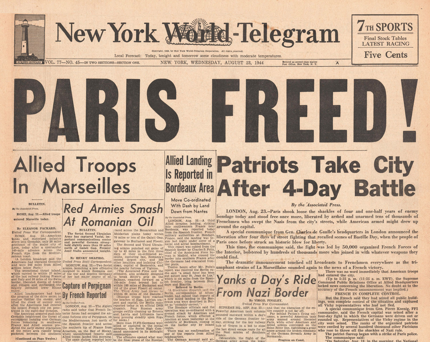 Image ID F22EHG 1944 New York World Telegram front page reporting Allied Forces Liberate Paris CREDIT John Frost Newspapers Alamy Stock Photo EXP 231124
