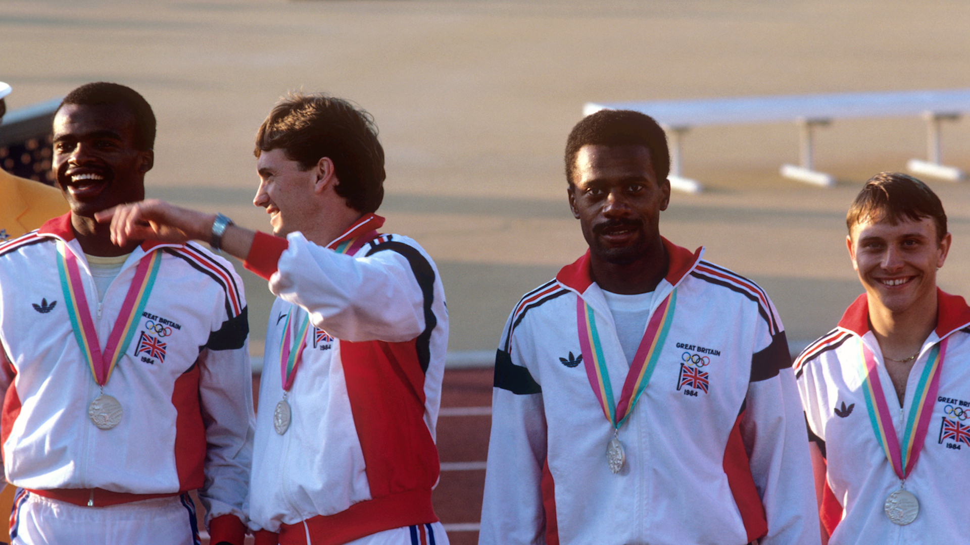 Image ID G69BRX Chris akabusi, far left at Los Angeles Olympic Games 1984 with Men's 4 x 400m Relay medalists 11081984 CREDIT PA, Alamy EXP 23112024.jpg