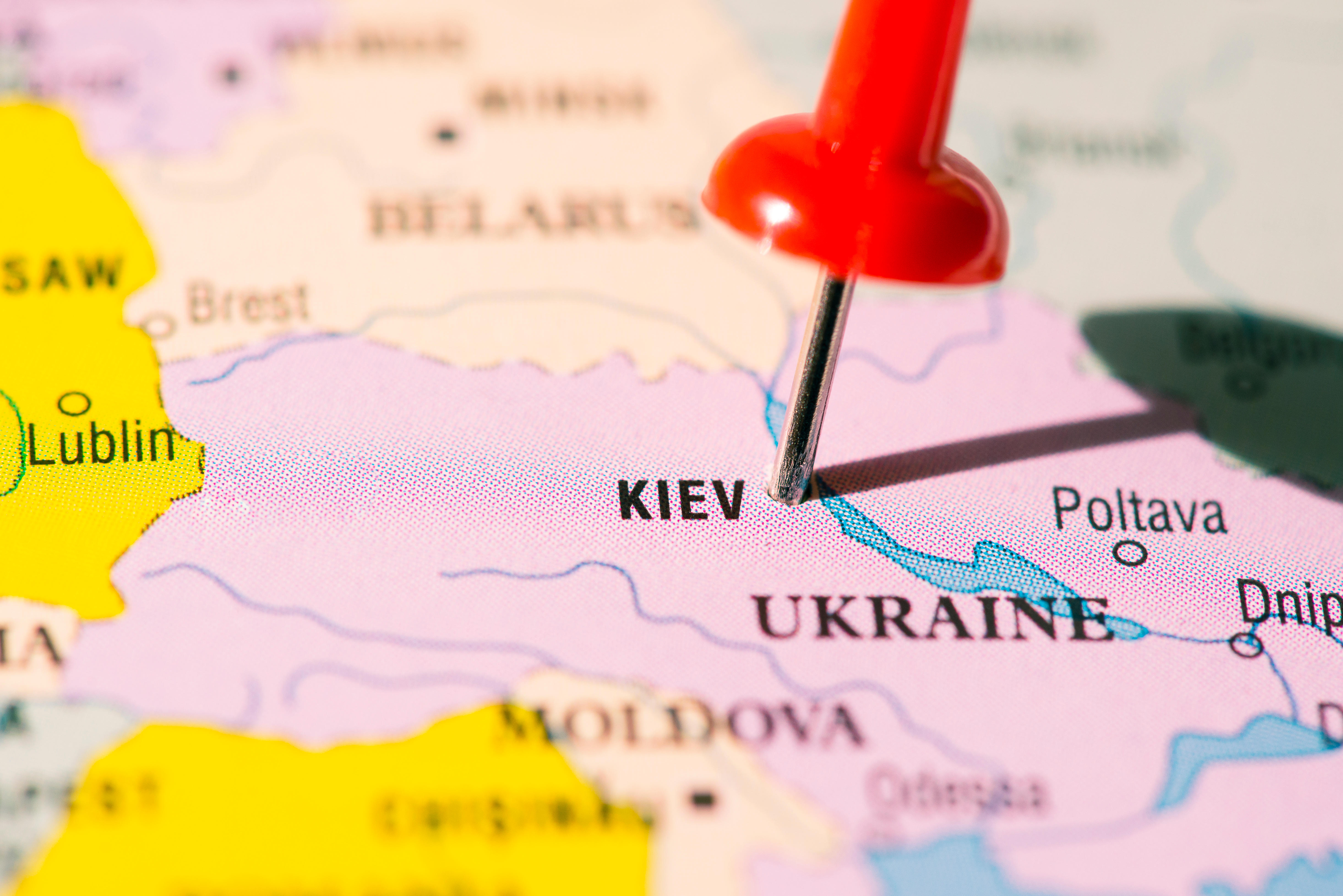 Image ID MC64BA pin marking Kiev/Kyiv on a map of Ukraine 130418 CREDIT ANGELA BRAGATO, ALAMY STOCK PHOTO