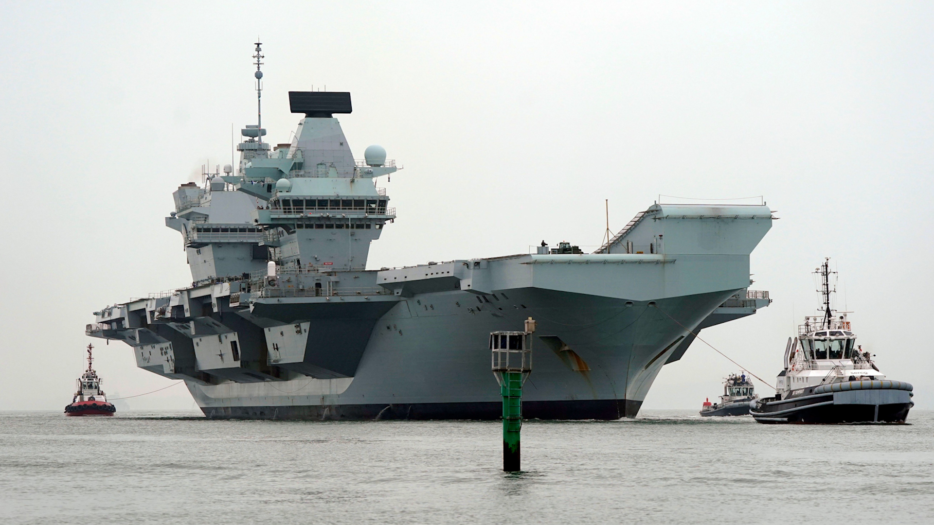 The Royal Navy aircraft carrier HMS Queen Elizabeth as it arrives back into Portsmouth harbour following visits to Scotland and Liverpool