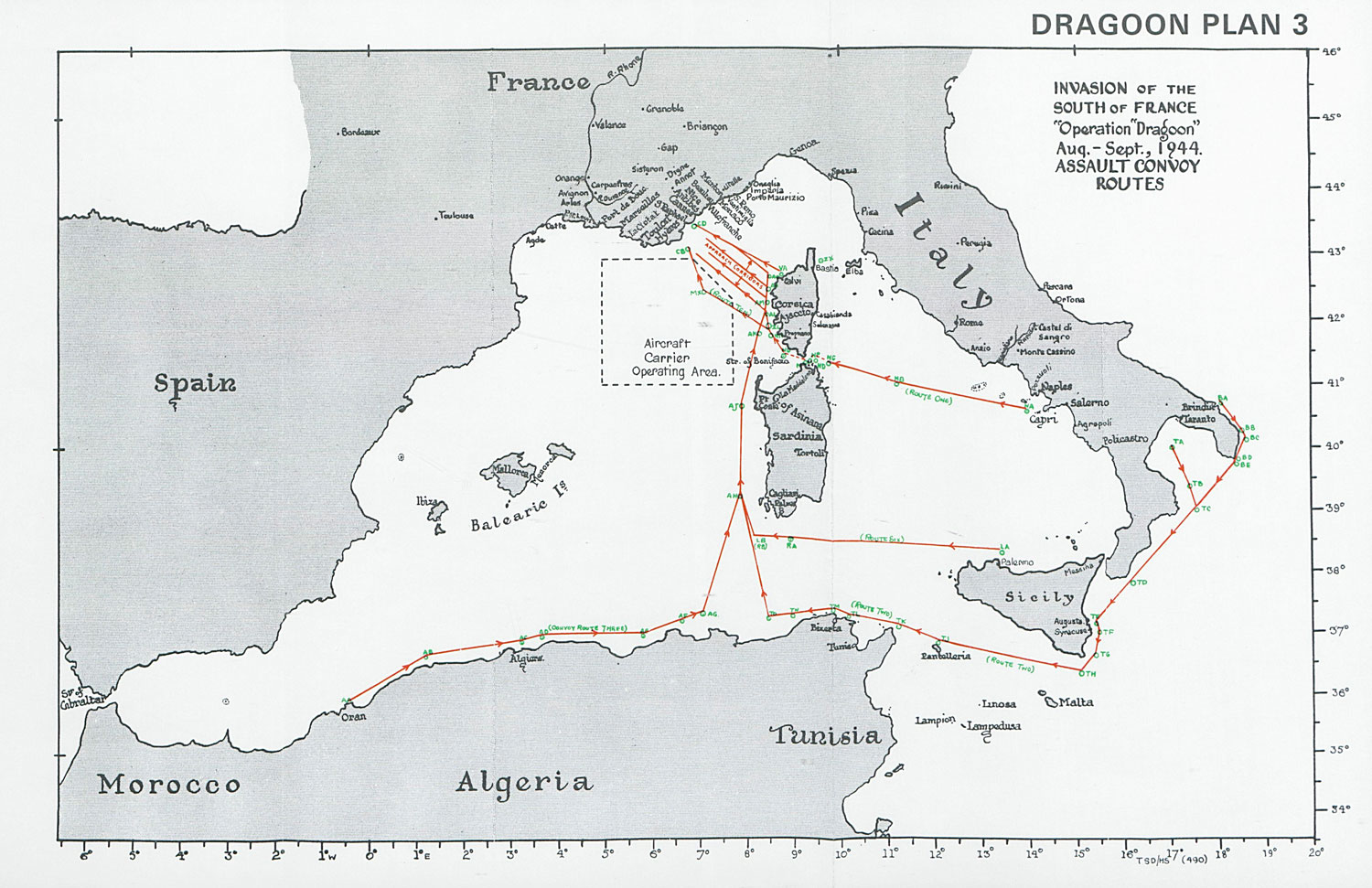 Image ID 2ABF96Y South of France invasion map. Operation Dragoon 1944 Assault Convoy Routes CREDIT Antiqua Print Gallery Alamy Stock Photo EXP 231124