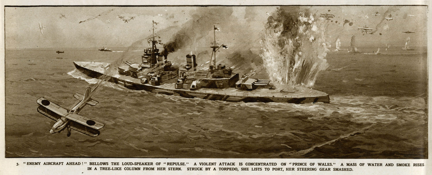 Image ID 2M3K8JD The 10 December 1941 attack on the battleship HMS Prince of Wales by G. H. Davis NO REUSE CREDIT Chronicle / Alamy Stock Photo