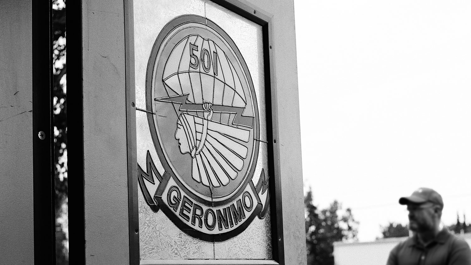 Image ID 5701512 501st Parachute Infantry Regiment's entryway door sign has their motto, Geronimo, emblazoned on it CREDIT US Air Force
