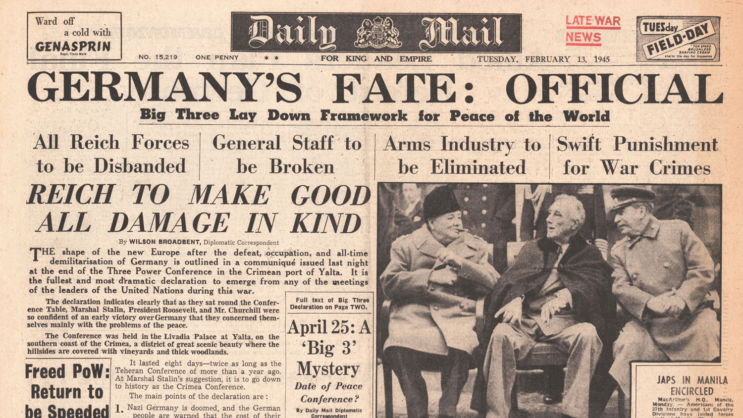 Image ID F22DM3 1945 Daily Mail front page reporting Churchill, Roosevelt and Stalin meet for Big Three Conference at Yalta NO REUSE CREDIT John Frost Newspapers Alamy Stock Photo