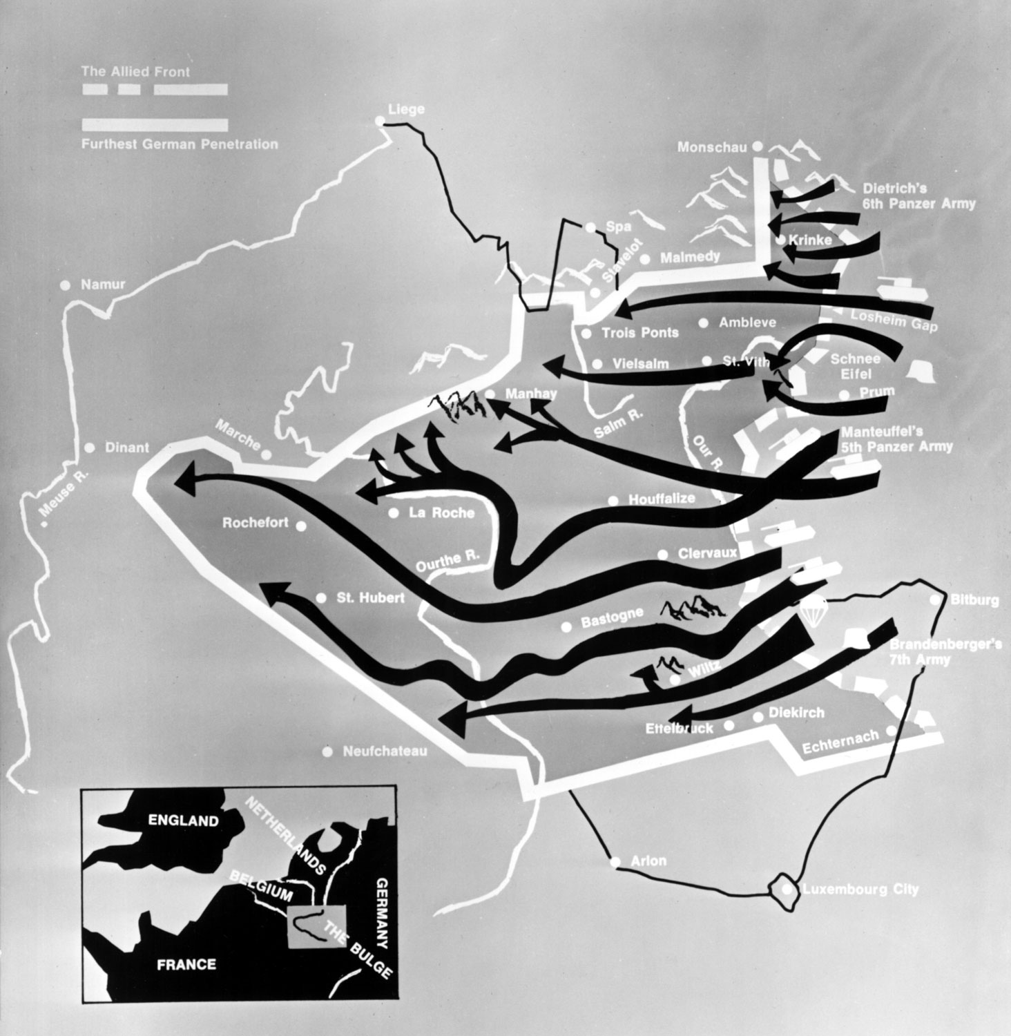Image ID HBGCY9 A 1965 map showing the Battle of the Bulge NO REUSE CREDIT Everett Collection Inc / Alamy Stock Photo