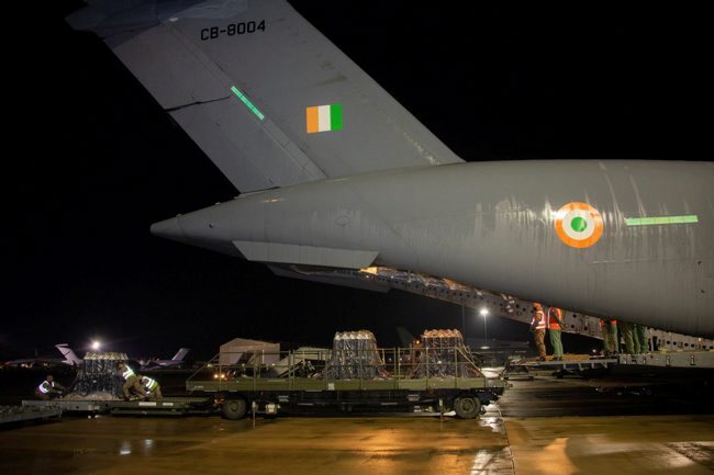 Indian Air Force C-17 Globemaster III from No. 81 Squadron lands at RAF Brize Norton to collect oxygen cylinders to help India fight COVID-19 03052021 CREDIT MOD