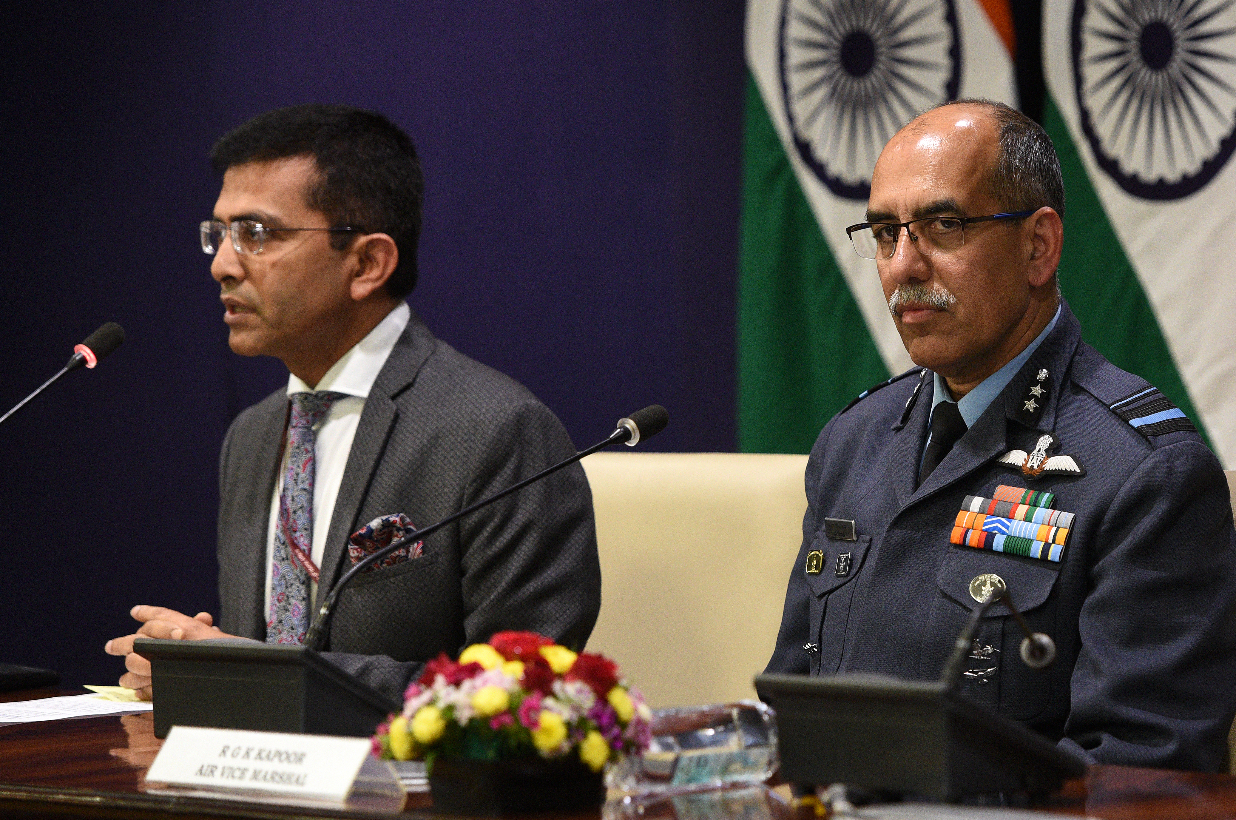 Indian government spokesman Raveesh Kumar with Air Vice-Marshal R G K Kapoor brief media on clashes with Pakistan