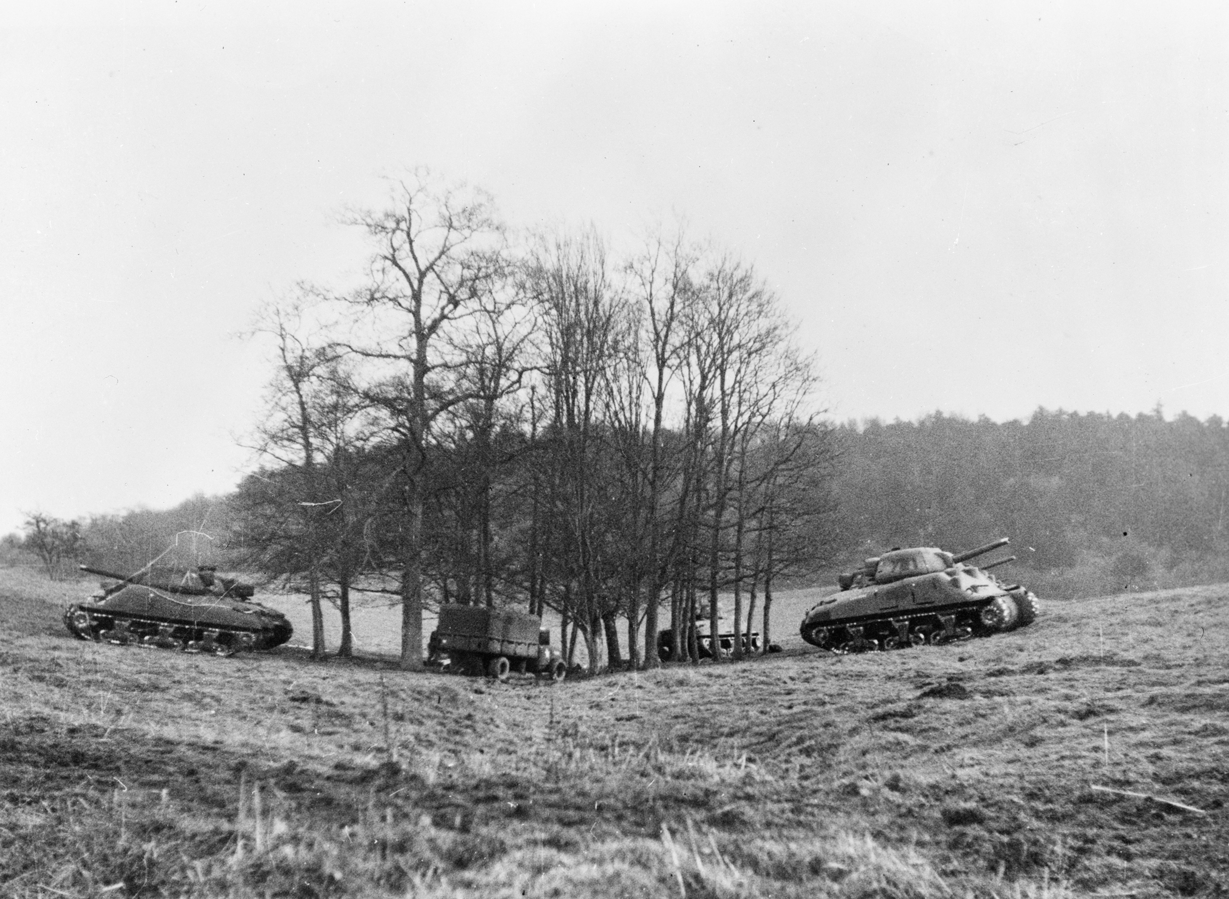 	Inflatable Sherman tanks and 3-ton lorry in a copse during World War II . Photo taken at 120 yards. 140820 CREDIT IMPERIAL WAR MUSEUM