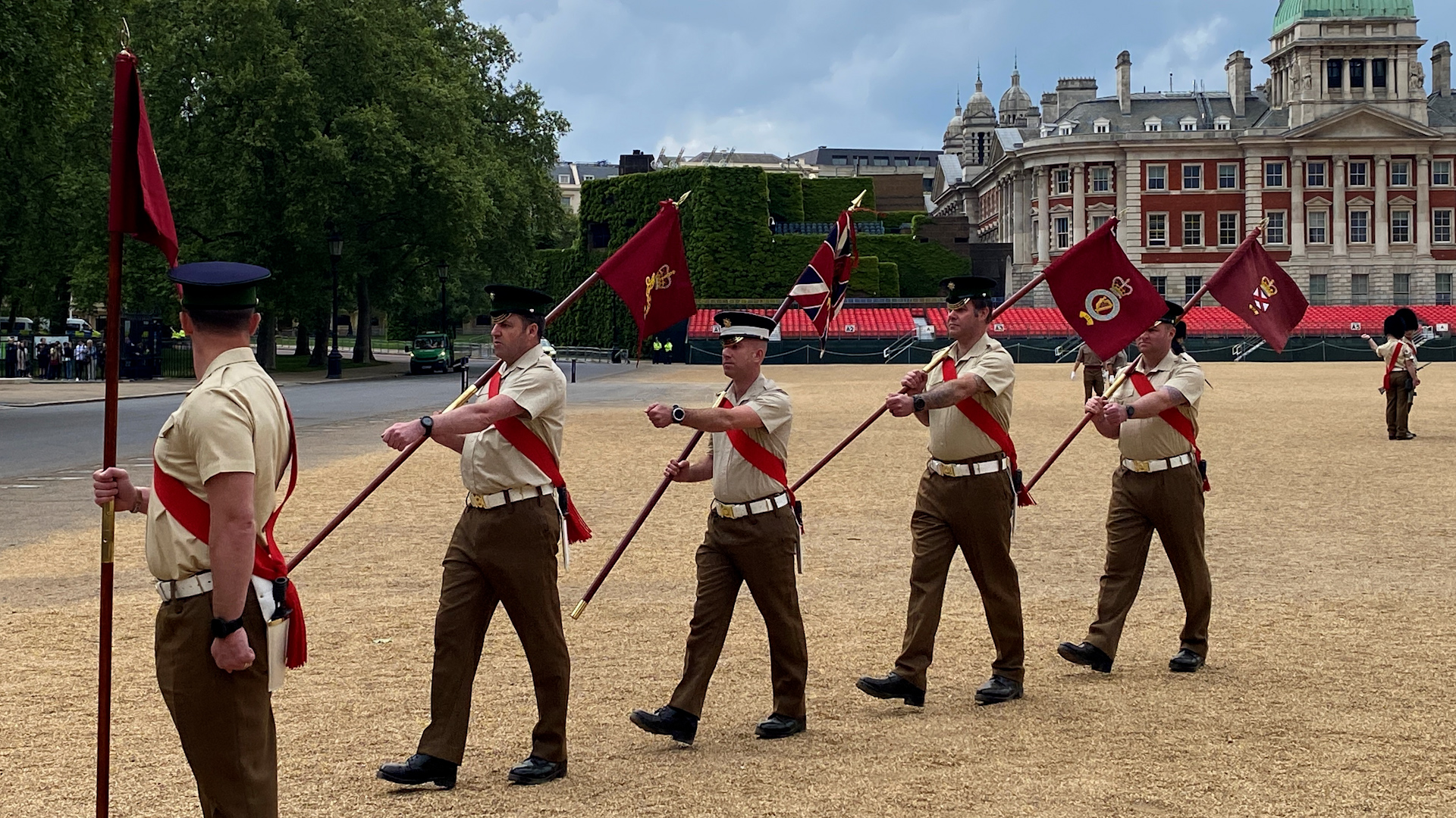 rish Guards flagbearers rehearsing for Platinum Jubilee Trooping the Colour