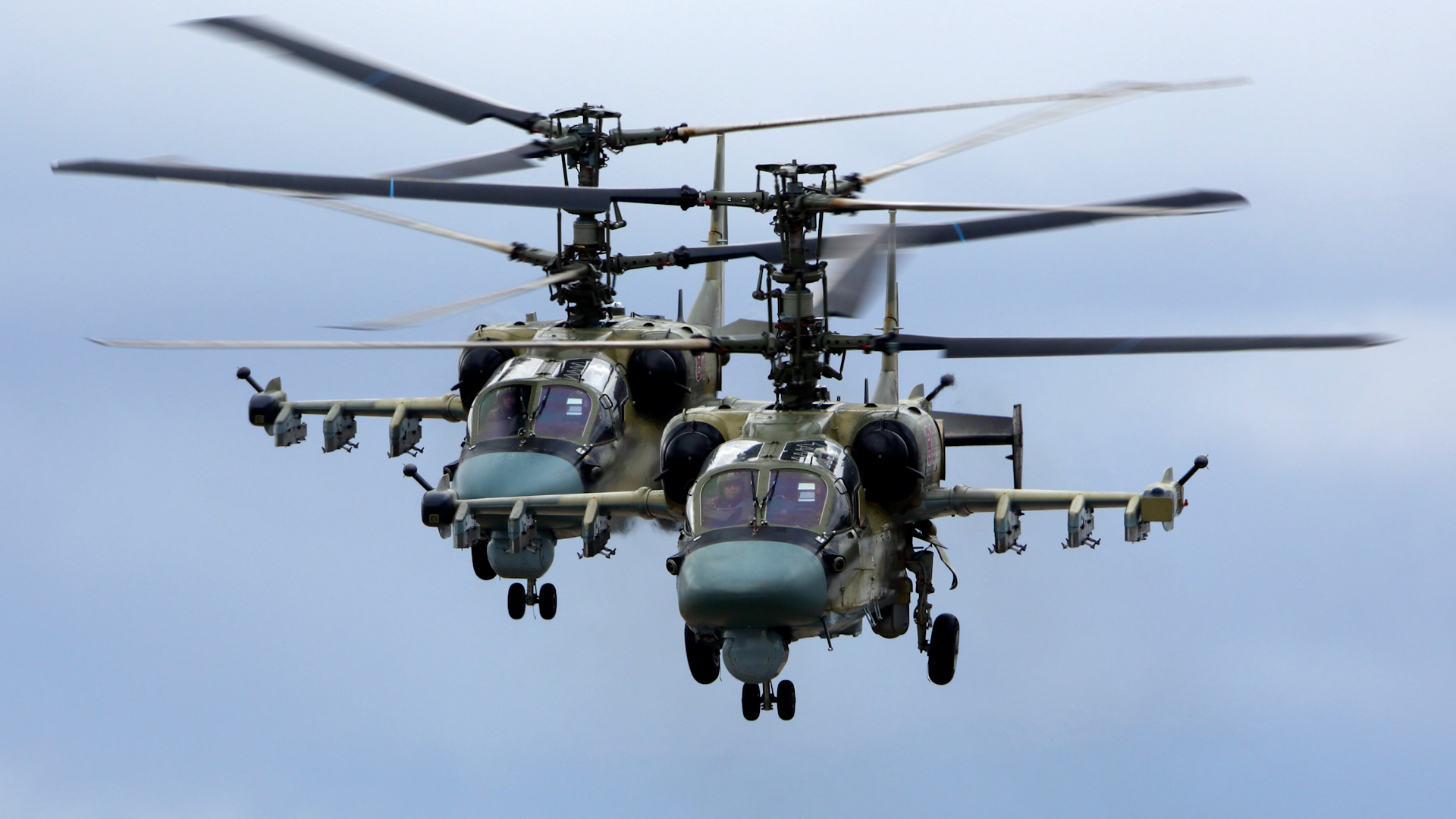 Pair of Kamov Ka-52 Alligator attack helicopters of Russian air force during Victory Day parade rehearsal