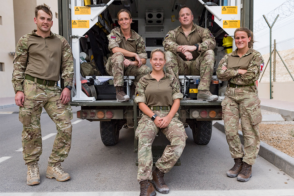 Members of the Joint Medical Group pose by their ambulance © MOD Crown Copyright