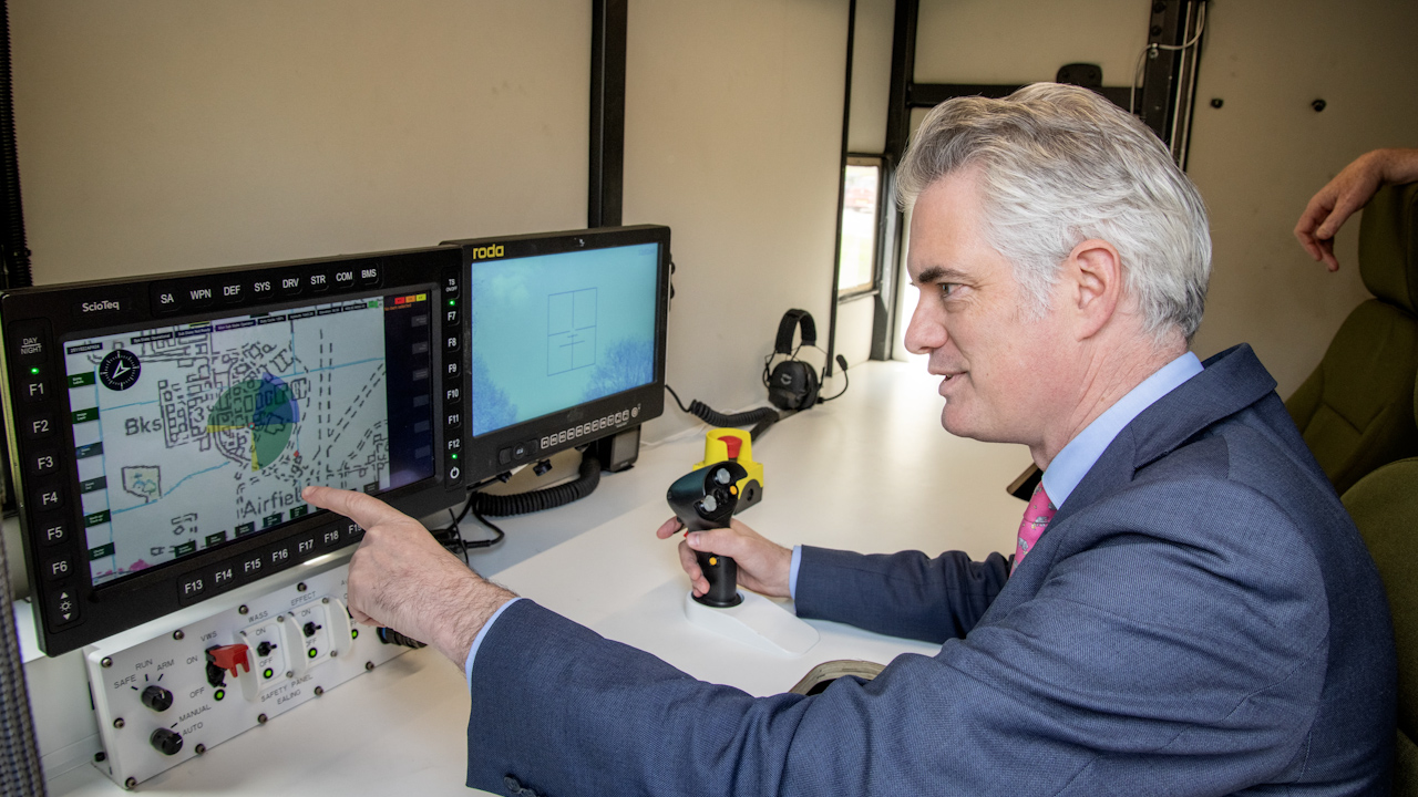 James Cartlidge was given the opportunity to the new about the Radio Frequency Directed Energy Weapon system (Picture: MOD)
