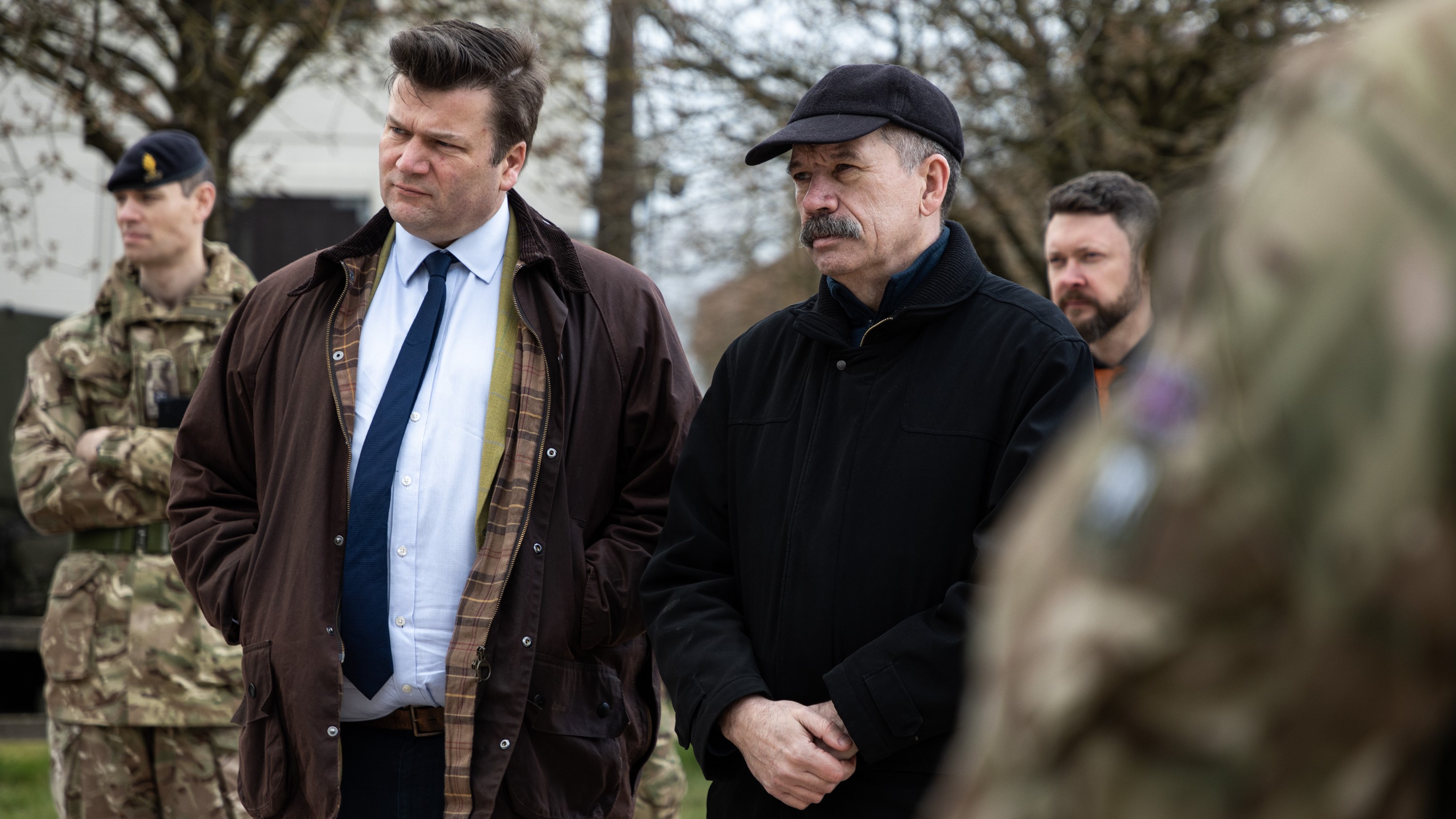 James Heappey (left) with Deputy Defence Minister Volodymyr Havrylov (right) Salisbury Plain TrainingArea discuss Ukraine aid 07042022 CREDIT MOD Crown Copyright 2022.jpg