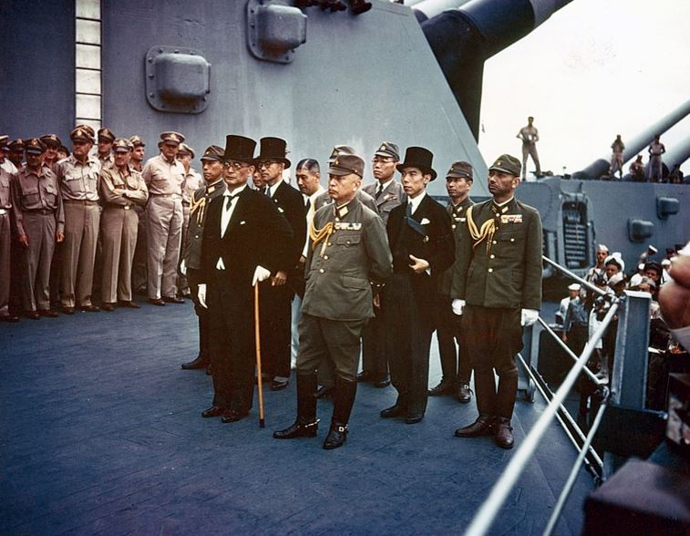 Japan surrenders on the USS Missouri on September 2, 1945.