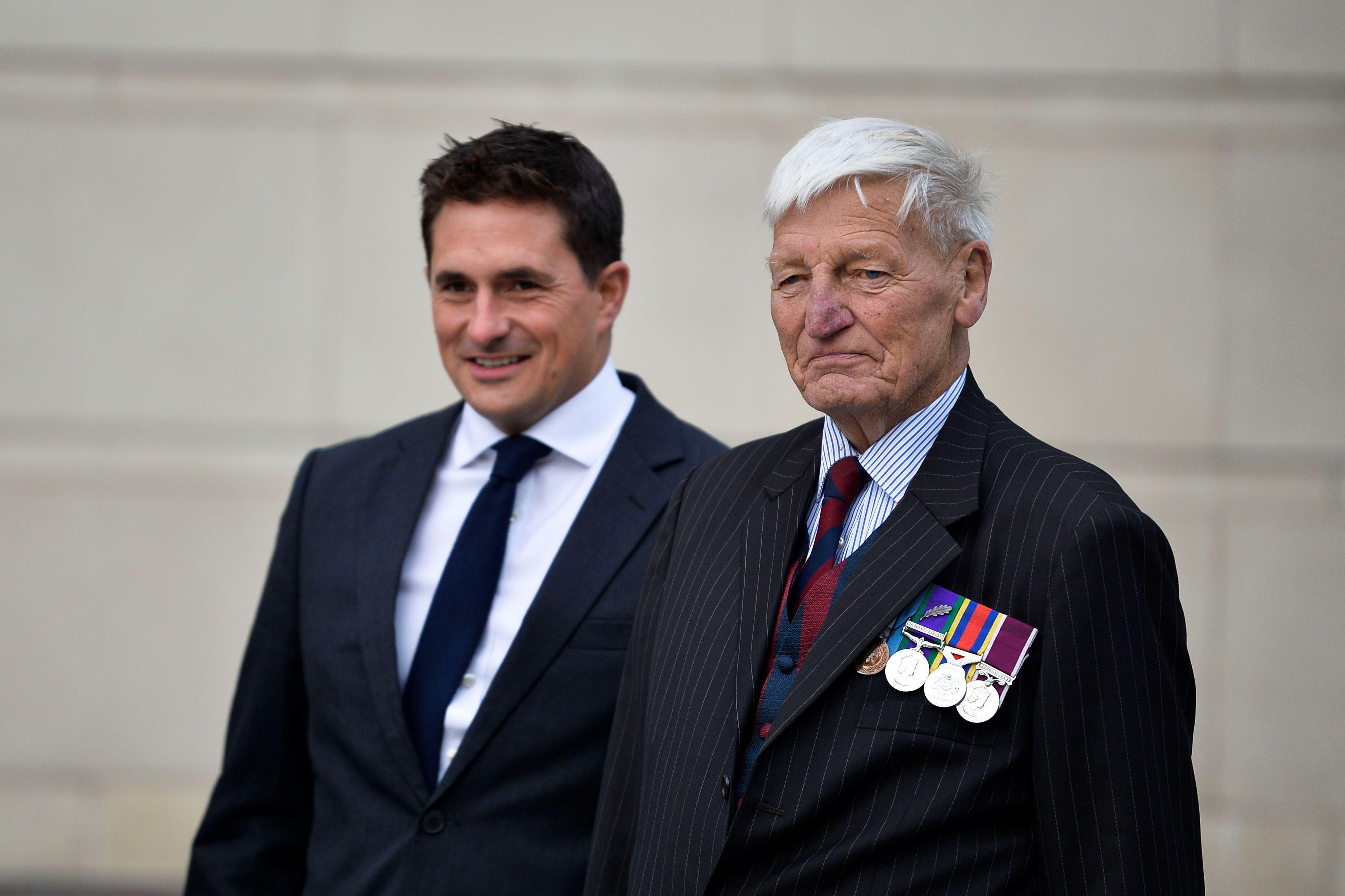 Johnny Mercer (left) with Dennis Hutchings (right) outside Laganside Courts
