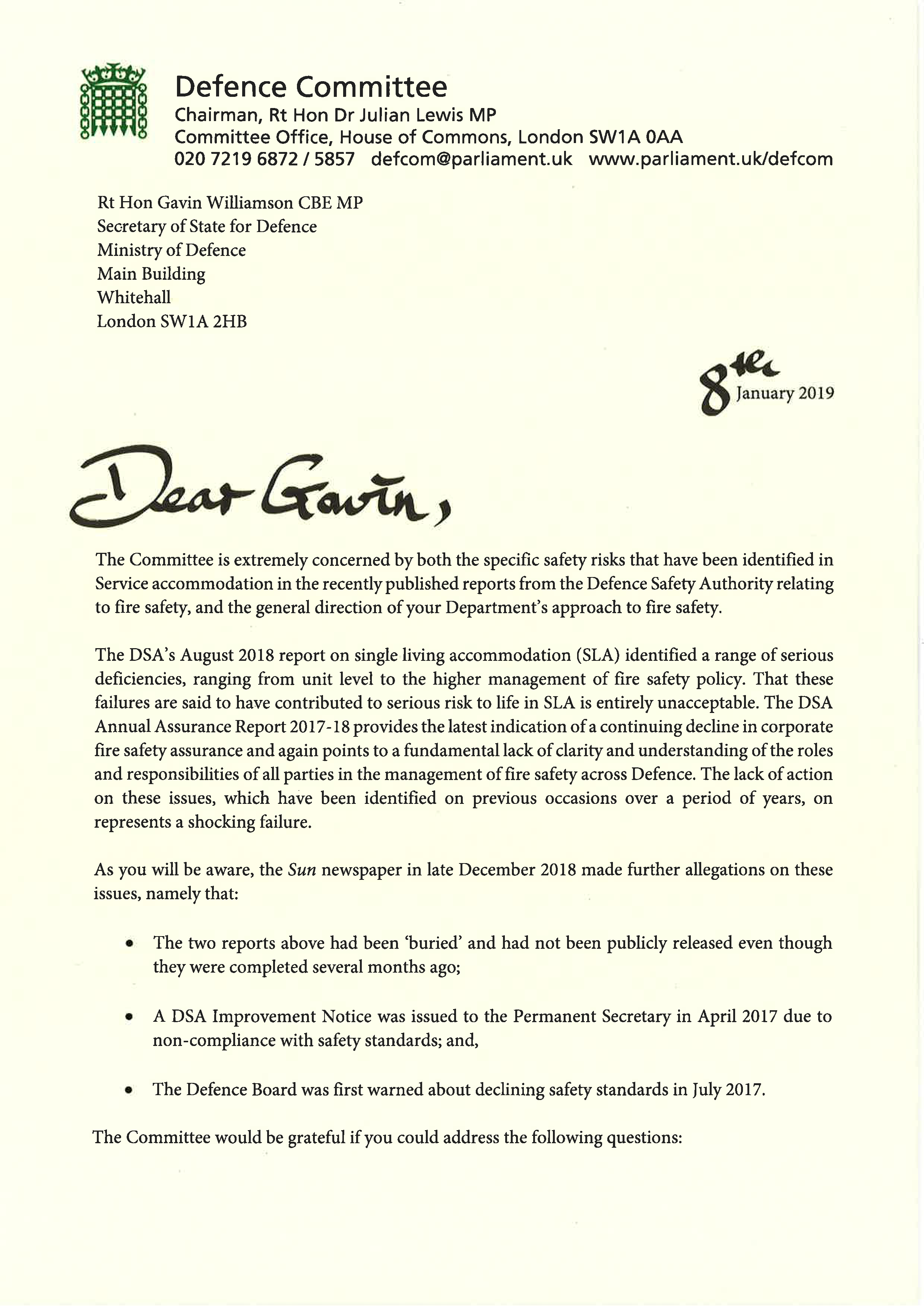 Julian Lewis fire letter