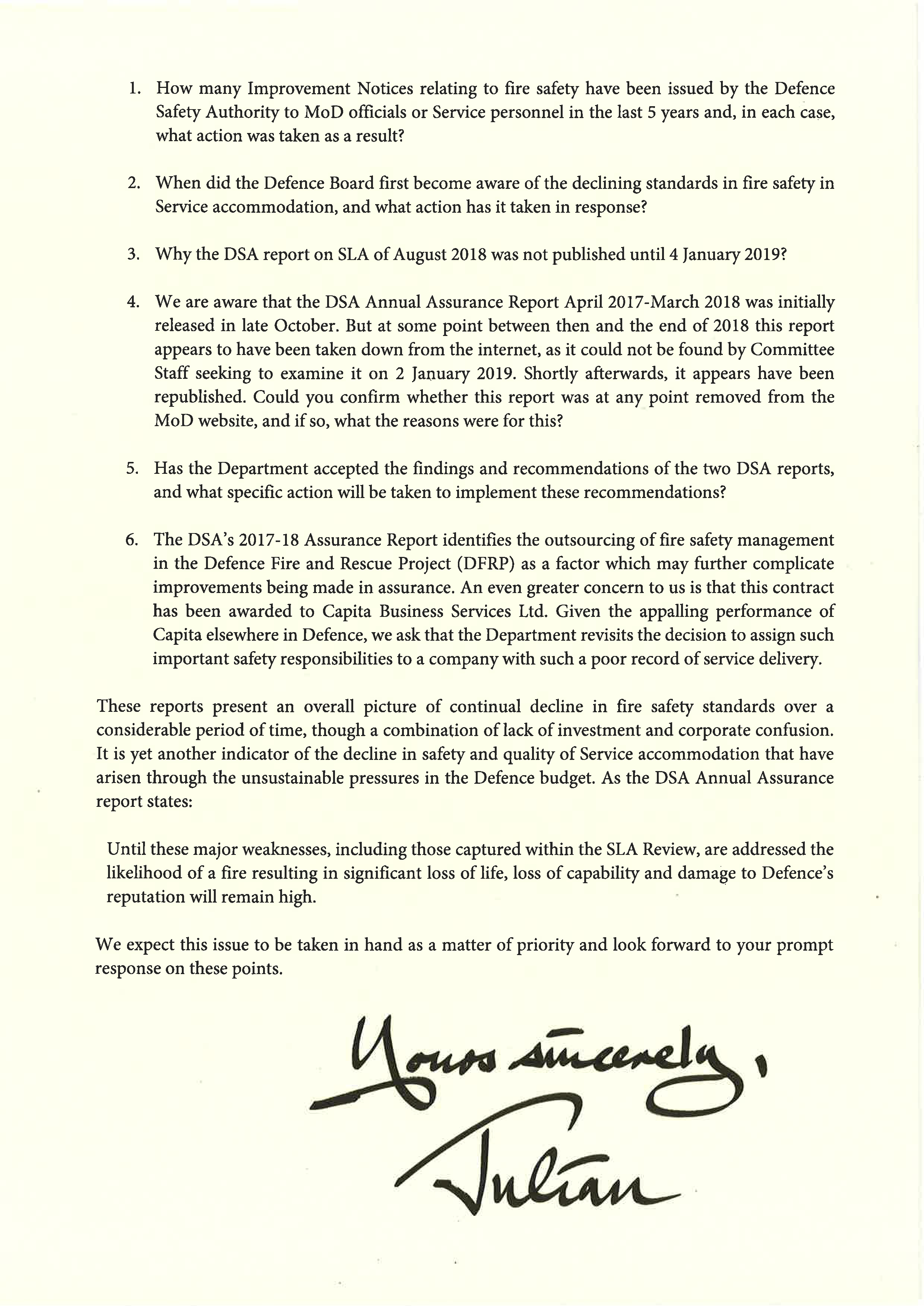 Julian Lewis fire letter