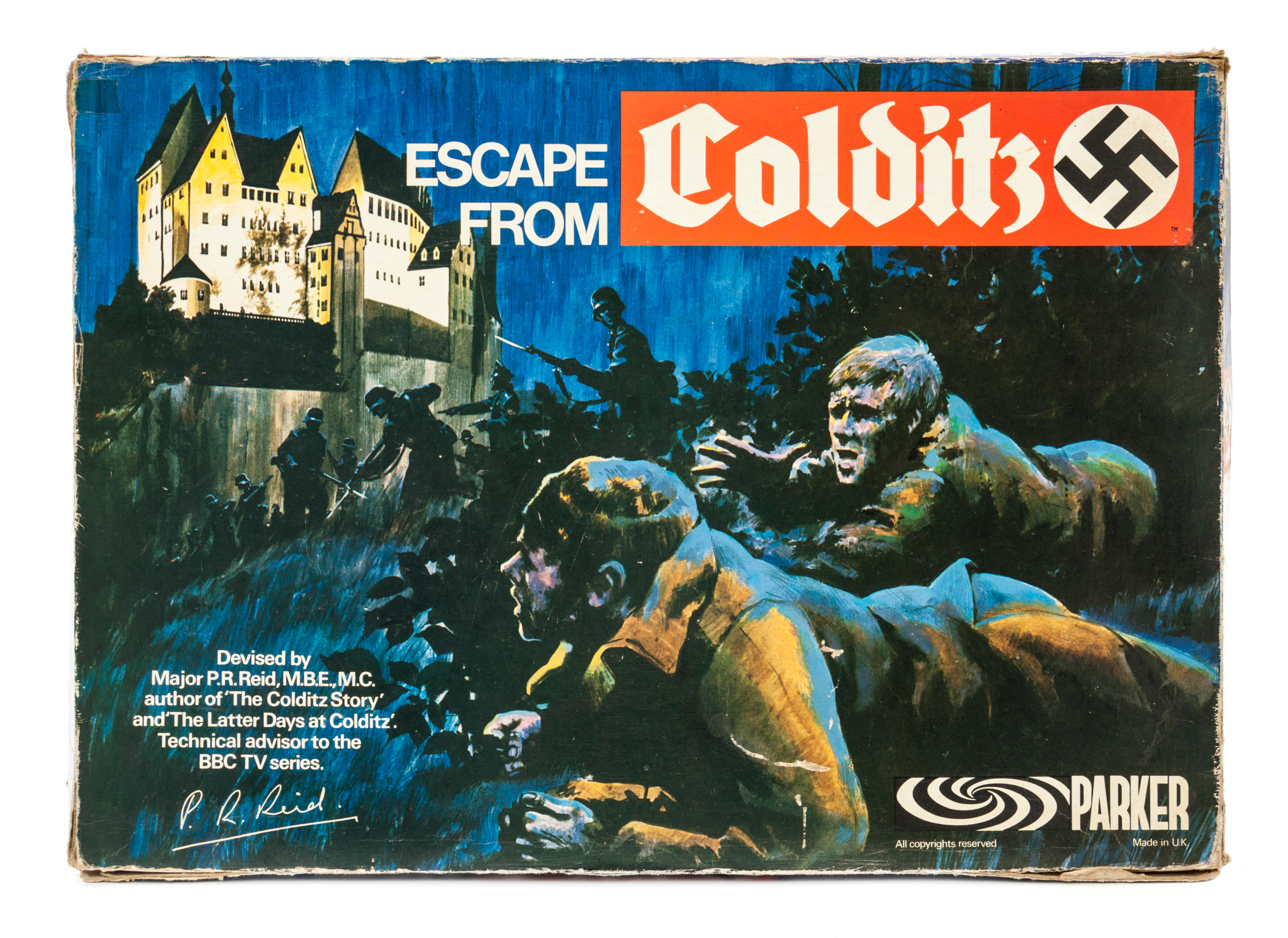riginal 1970's version of the "Escape from Colditz" board game featuring a German swastika on the box. On later editions, the swastika was replaced 