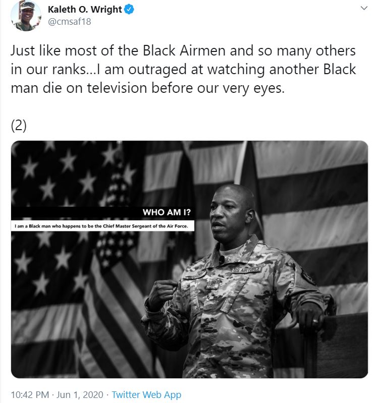 A Twitter post by Kaleth Wright, the US Air Force Chief Master Sergeant on Monday (Picture: @cmsaf18/ Twitter).