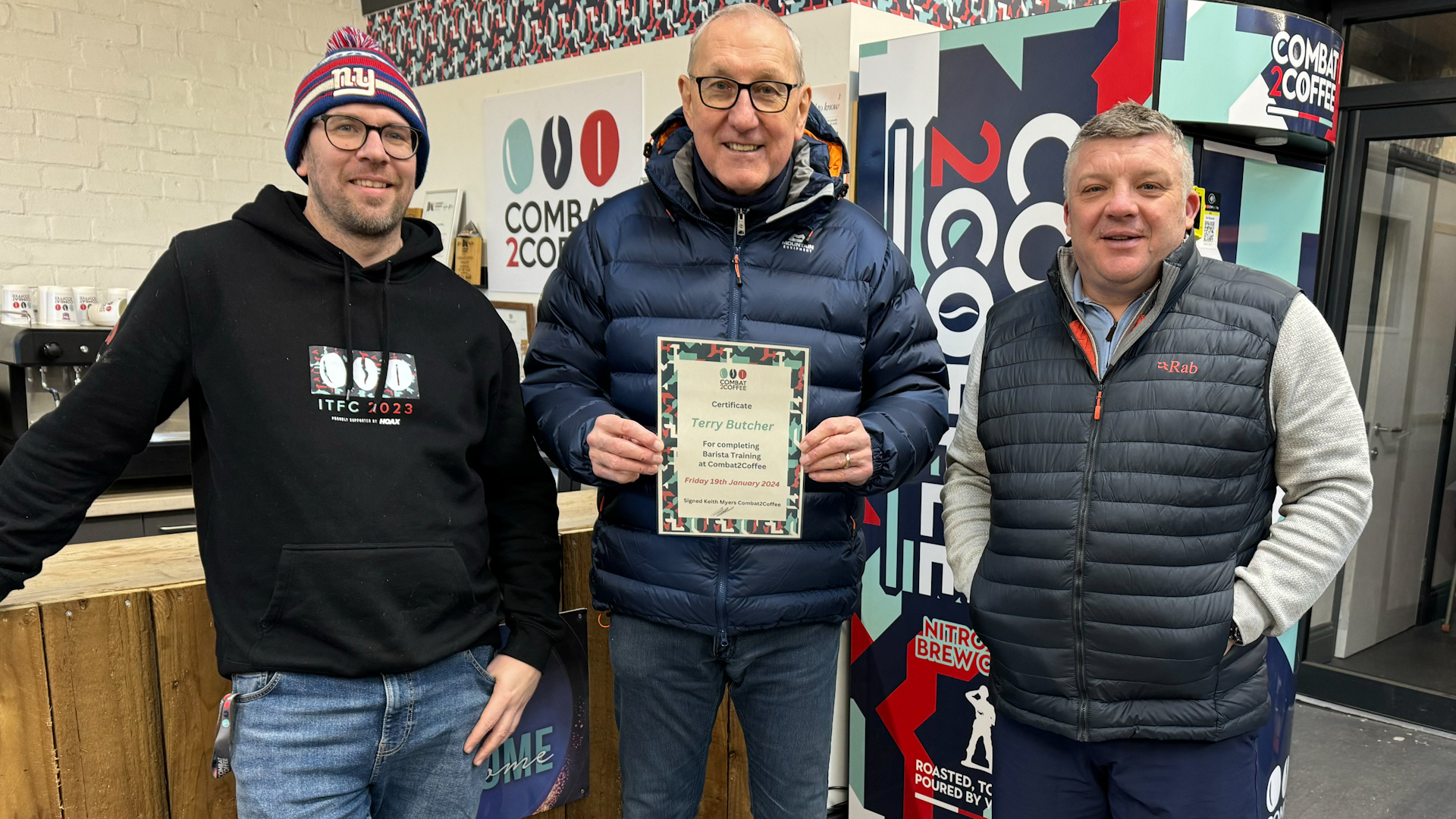 Former England football star Terry Butcher, pictured with Keith Myers and Nigel Seaman, is supporting Combat2Coffee to help veterans (Picture: Combat2Coffee)