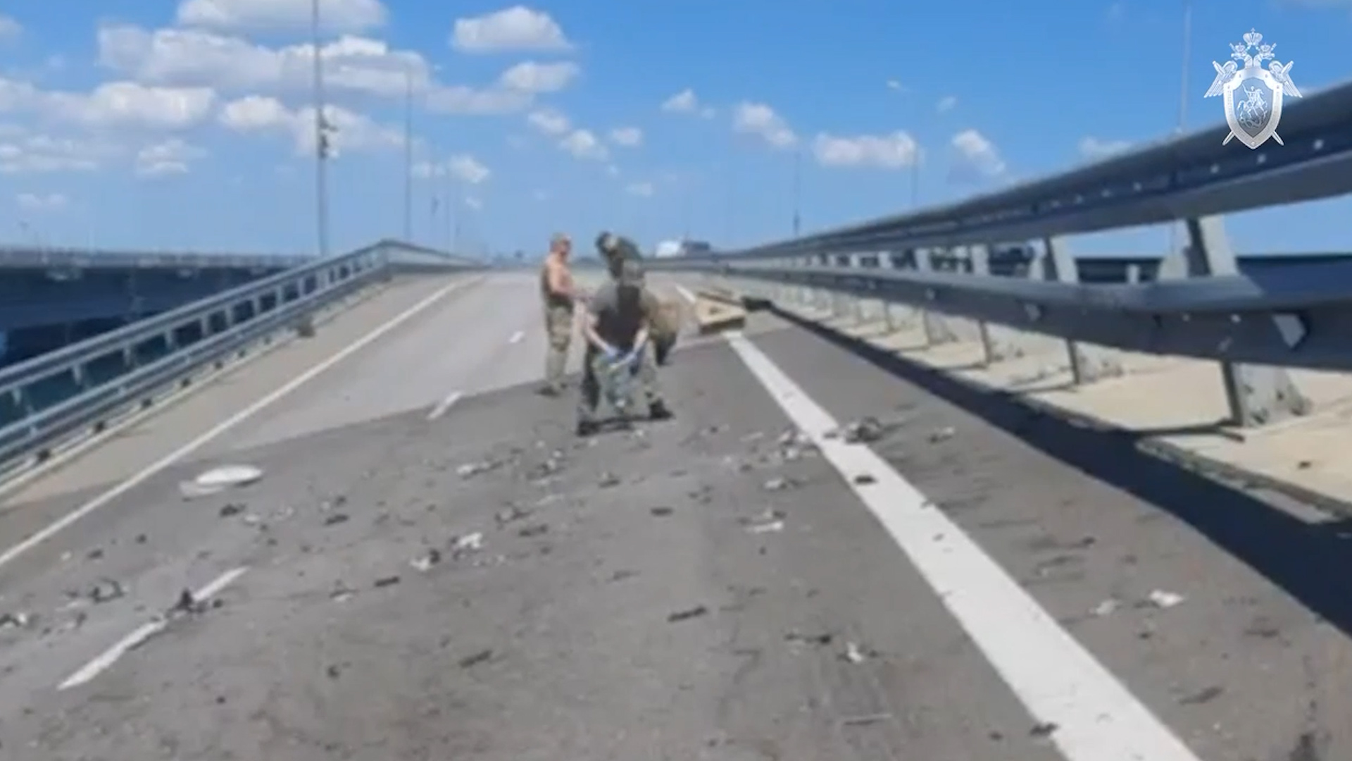Damage to the Kerch Bridge after a Ukrainian strike in July