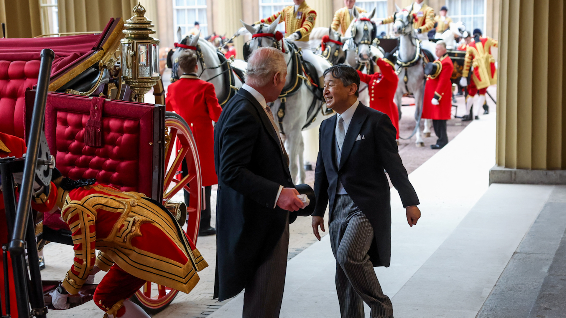 King Charles III and Emperor Naruhito arriving at Buckingham Palace 25062024 CREDIT PA