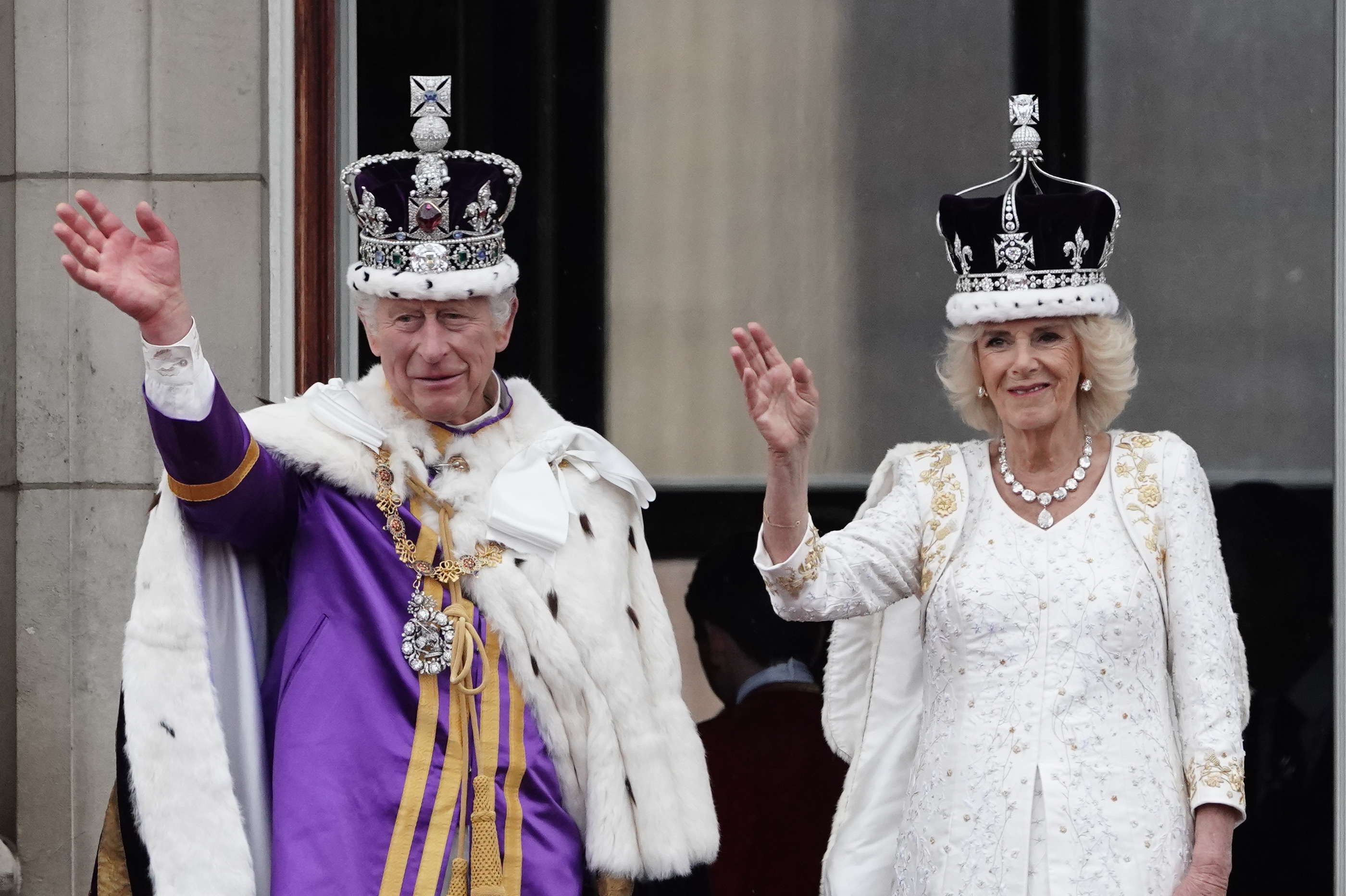 	King Charles III and Queen Camilla on the balcony of Buckingham Palace, London, following the coronation