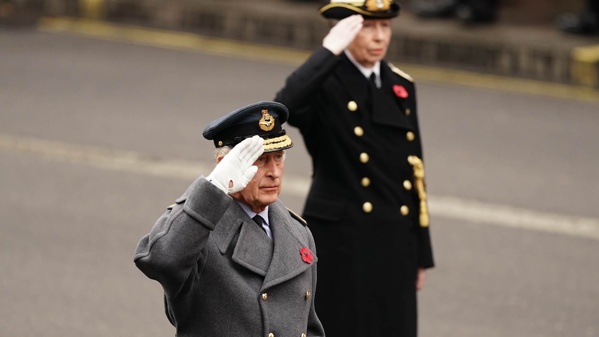 The King salutes during the Remembrance Sunday service at the Cenotaph