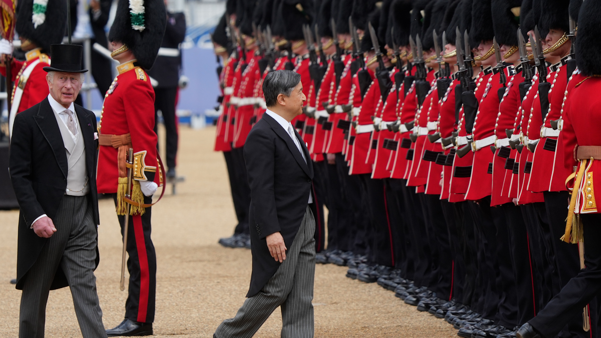 King Charles and Emperor Naruhito inspect the guard during the ceremonial welcome at Horse Guards Parade 25062024 CREDIT PA