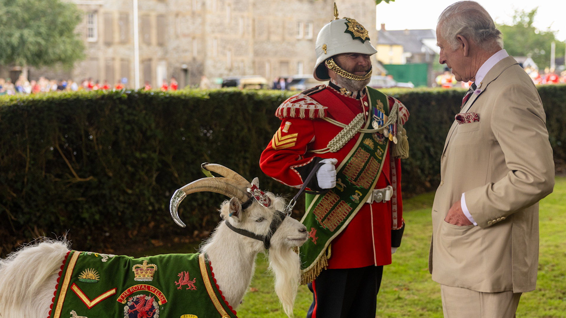 King Charles meets Lance Corporal Shenkin IV, the Regimental Goat for 3rd Battalion The Royal Welsh Brecon Barracks 200723 CREDIT MOD