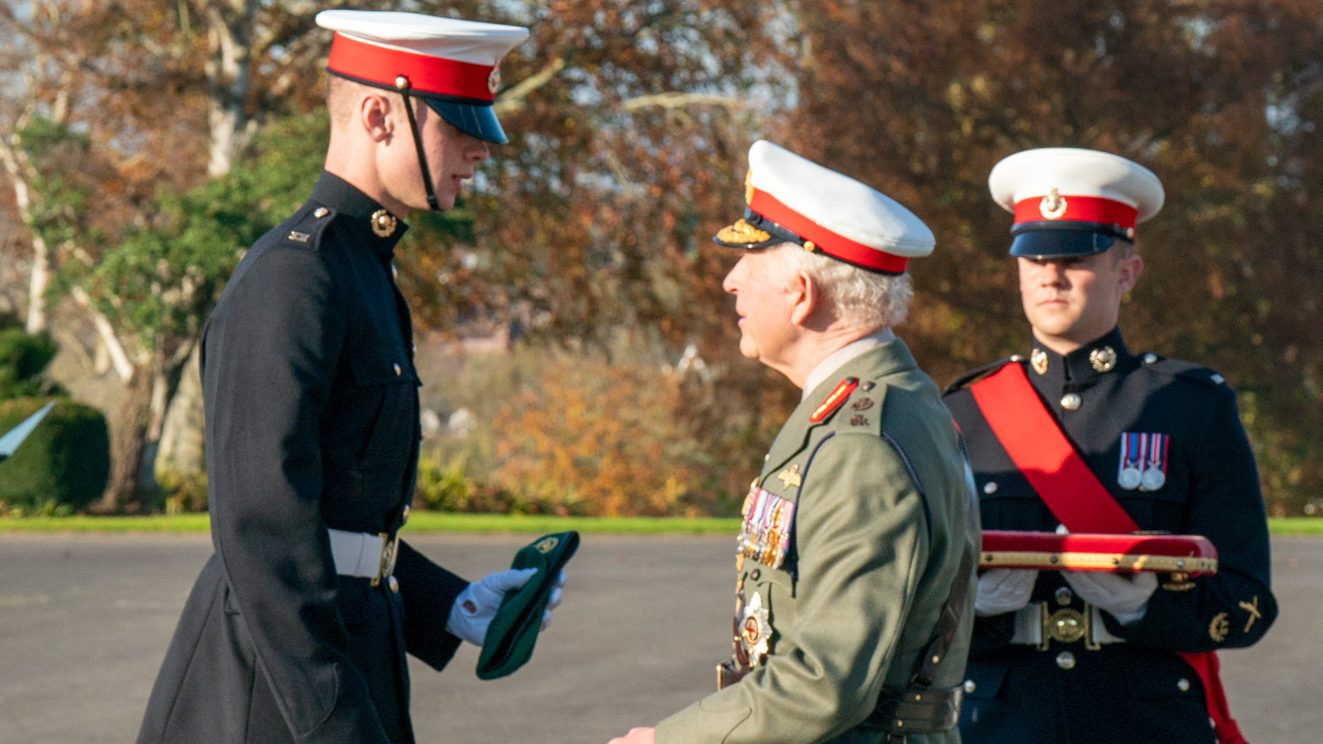 King with Marine Joseph Ryan who received The Commando Medal at CTCRM Lympstone 151124 CREDIT PA