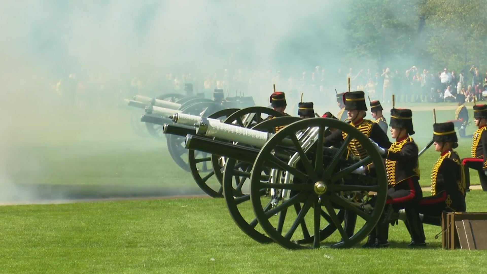 King's Troop Royal Horse Artillery fire gun salute in Hyde Park for Queen's 96th birthday 