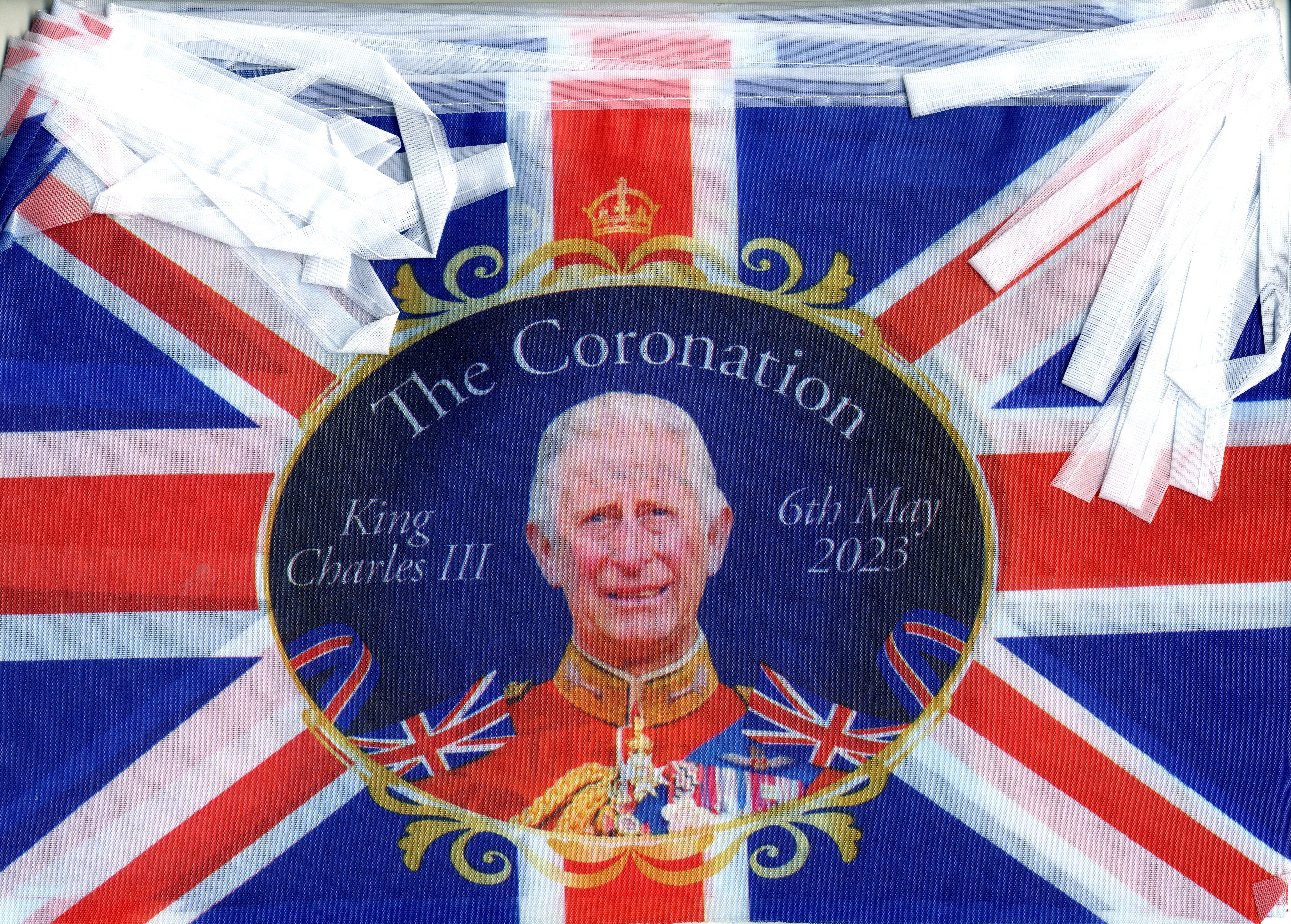 Image ID: 2PGA186: King Charles III The Coronation 6th May 2023 bunting (Picture: Gordon Shoosmith / Alamy).