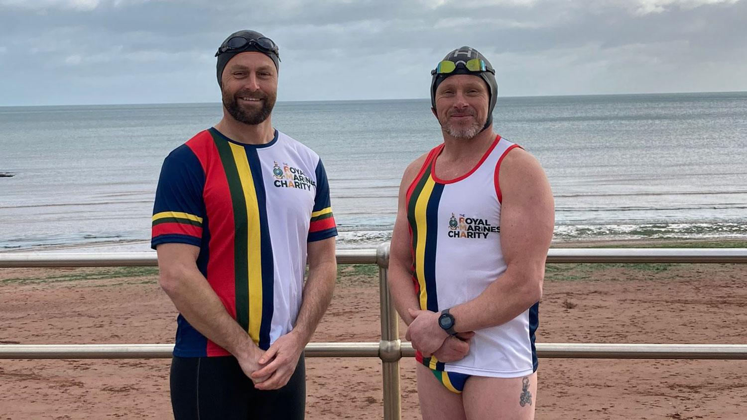 L to R Neil Aggett and former Royal Marine Commando Paul Wood 30 mile fundraising swim for the Royal Marines Charity's Lifting The Lid campaign CREDIT WO2 (Retired) Paul Wood