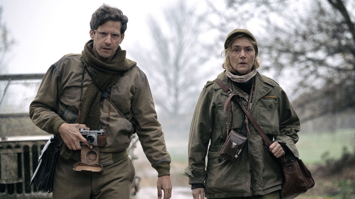 L to R Andy Samberg and Kate Winslet portray David E. Scherman and Lee Miller in film Lee CREDIT Sky