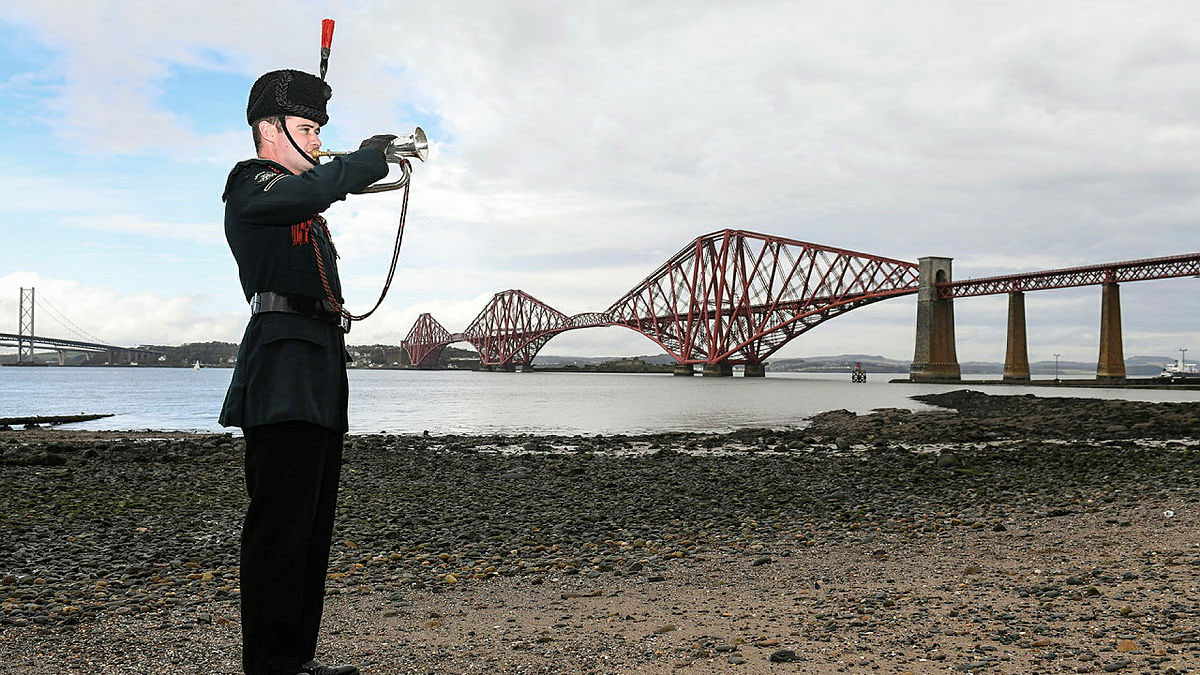LCpl Yassen from the Band of the Rifles plays the Last Post near the Forth Bridge in 2017 CREDIT Crown Copyright