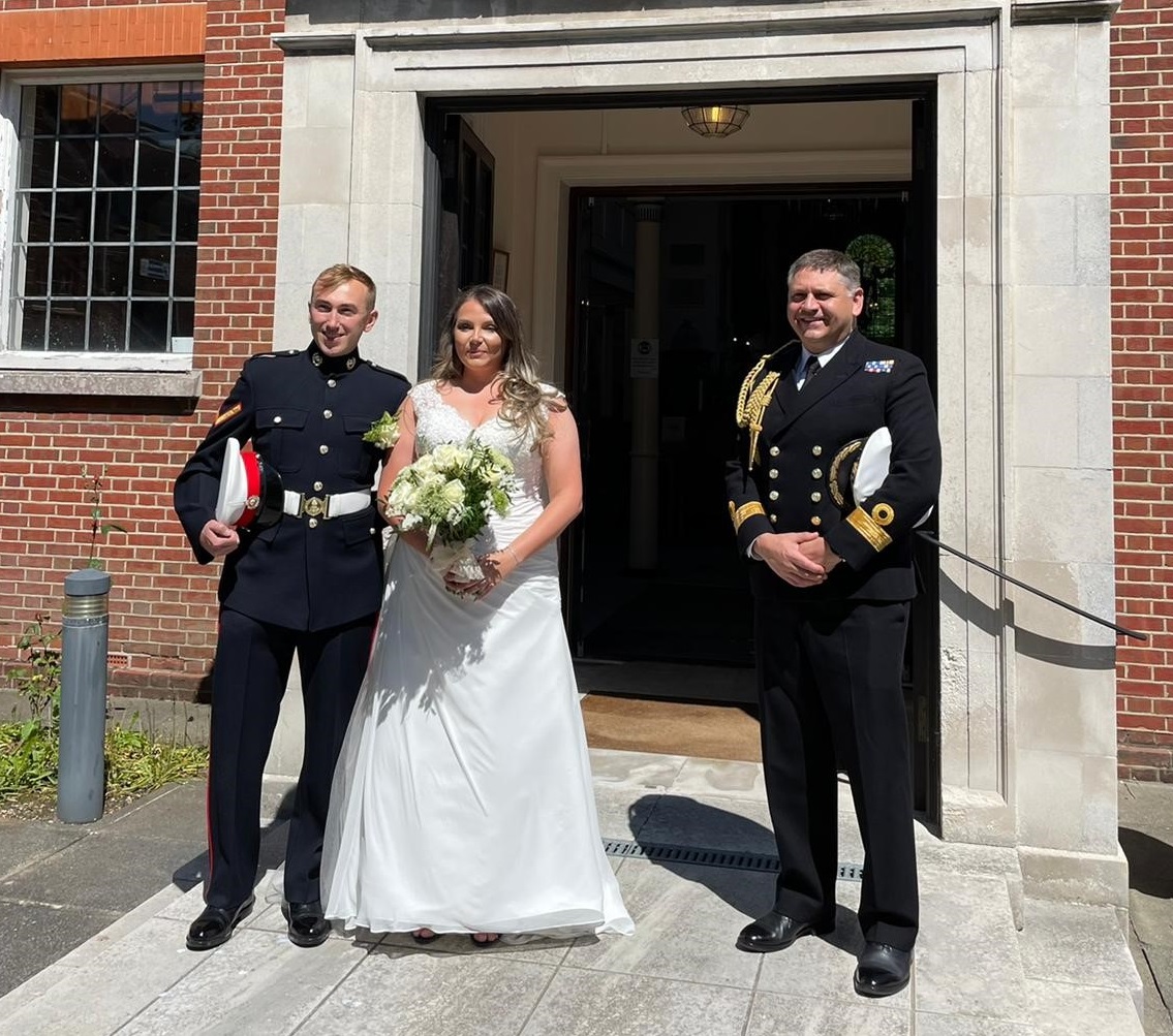 	Lance Corporal Jake Kennedy and Petty Officer (Nurse) Jo Parke, who was given away by Naval Base Commander, Commodore JJ Bailey, after getting married at HM Naval Base Portsmouth