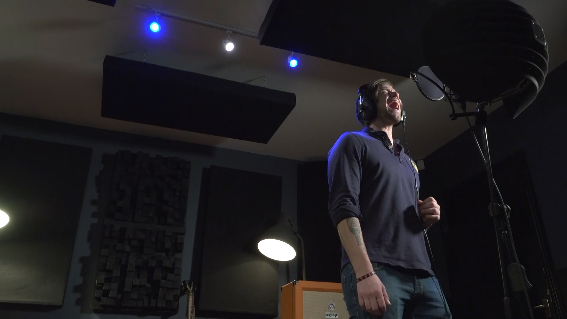Lance Corporal Liam Wakefield singing in a recording studio he pursues a career in music following a medical discharge from the Army 