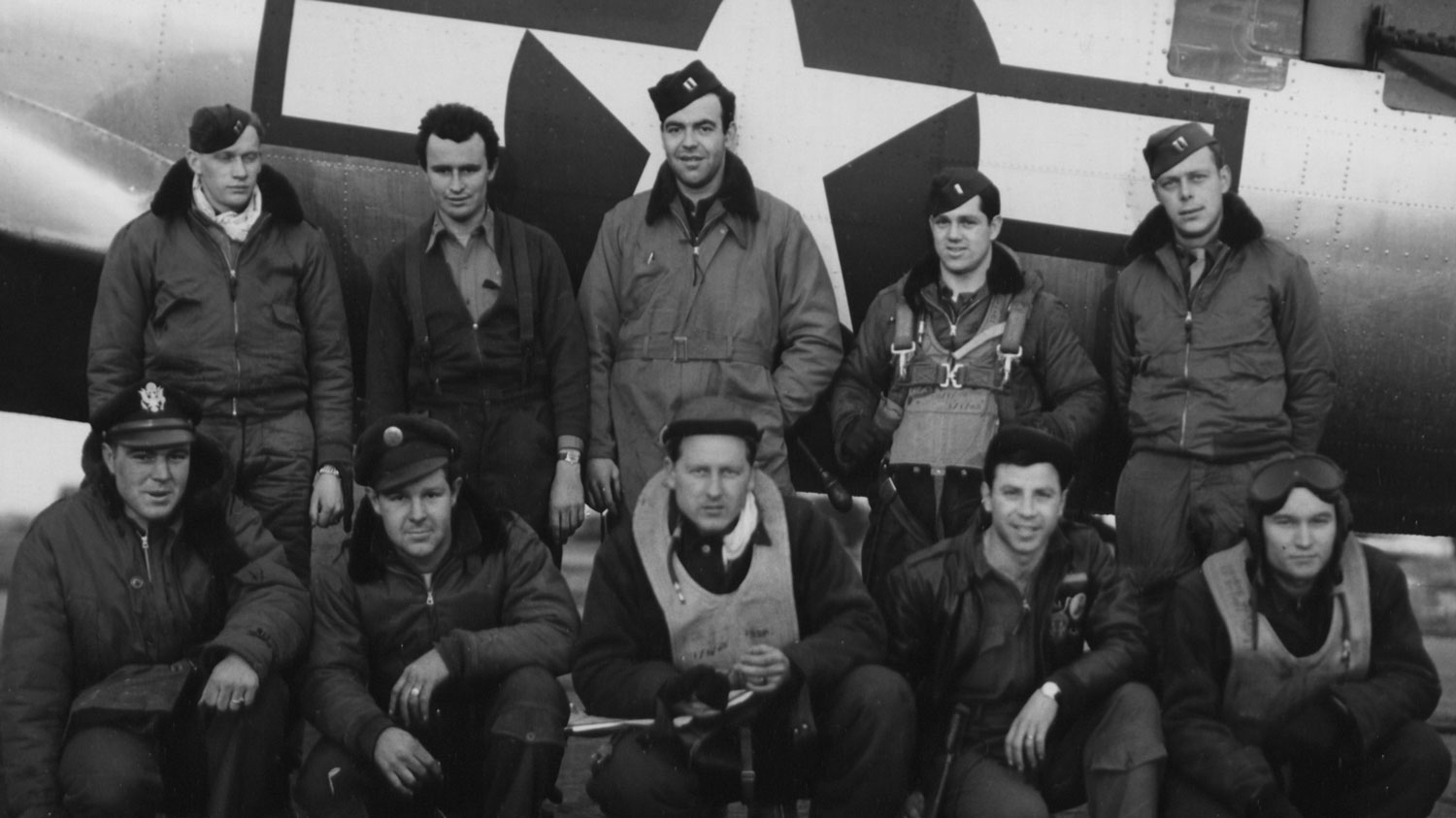 Lead crew on bombing mission to Dresden, Germany, pictured in front of a Boeing B-17 Flying Fortress on 14 February 1945 CREDIT National Archive and Records Administration