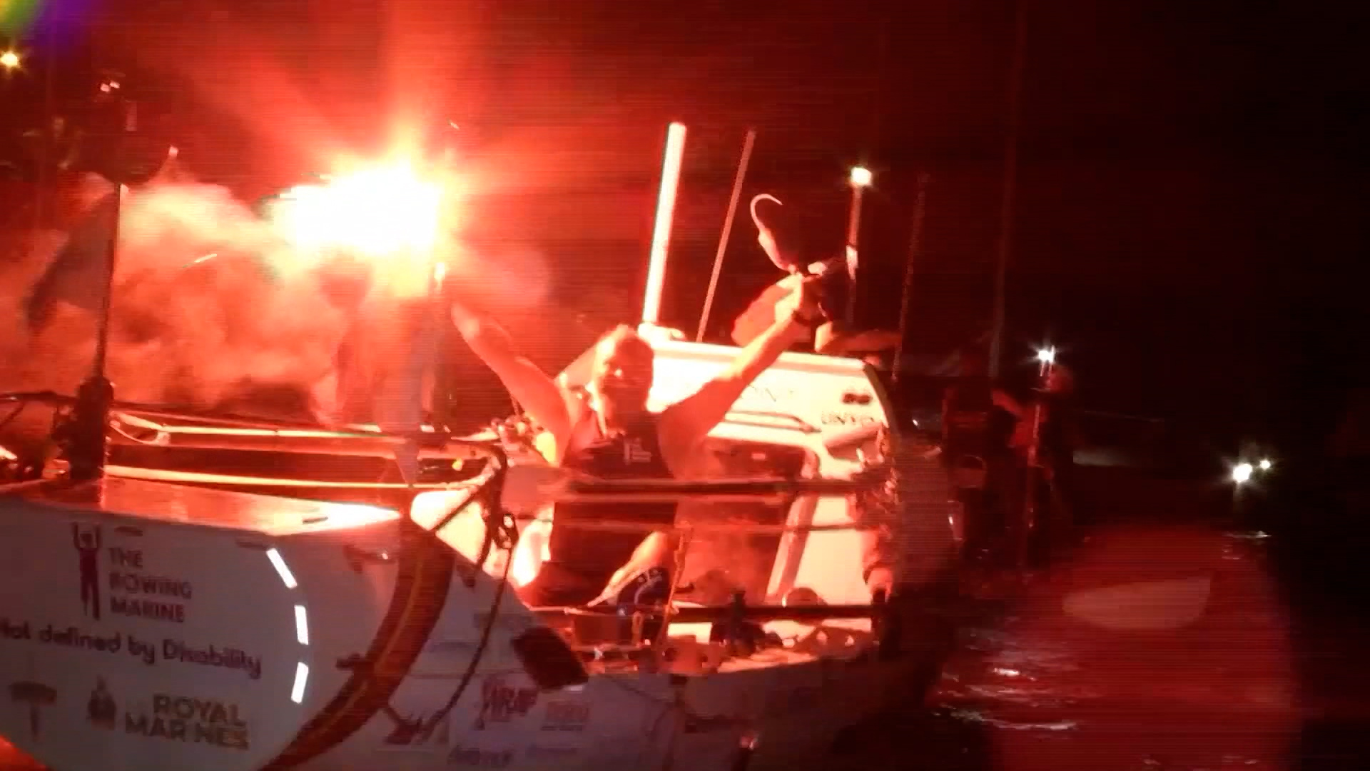Mr Spencer crossing the finish line of his 2019 Atlantic row in French Guiana (Picture: Lee Spencer).Lee Spencer Atlantic Row Finish French Guiana CREDIT LEE SPENCER
