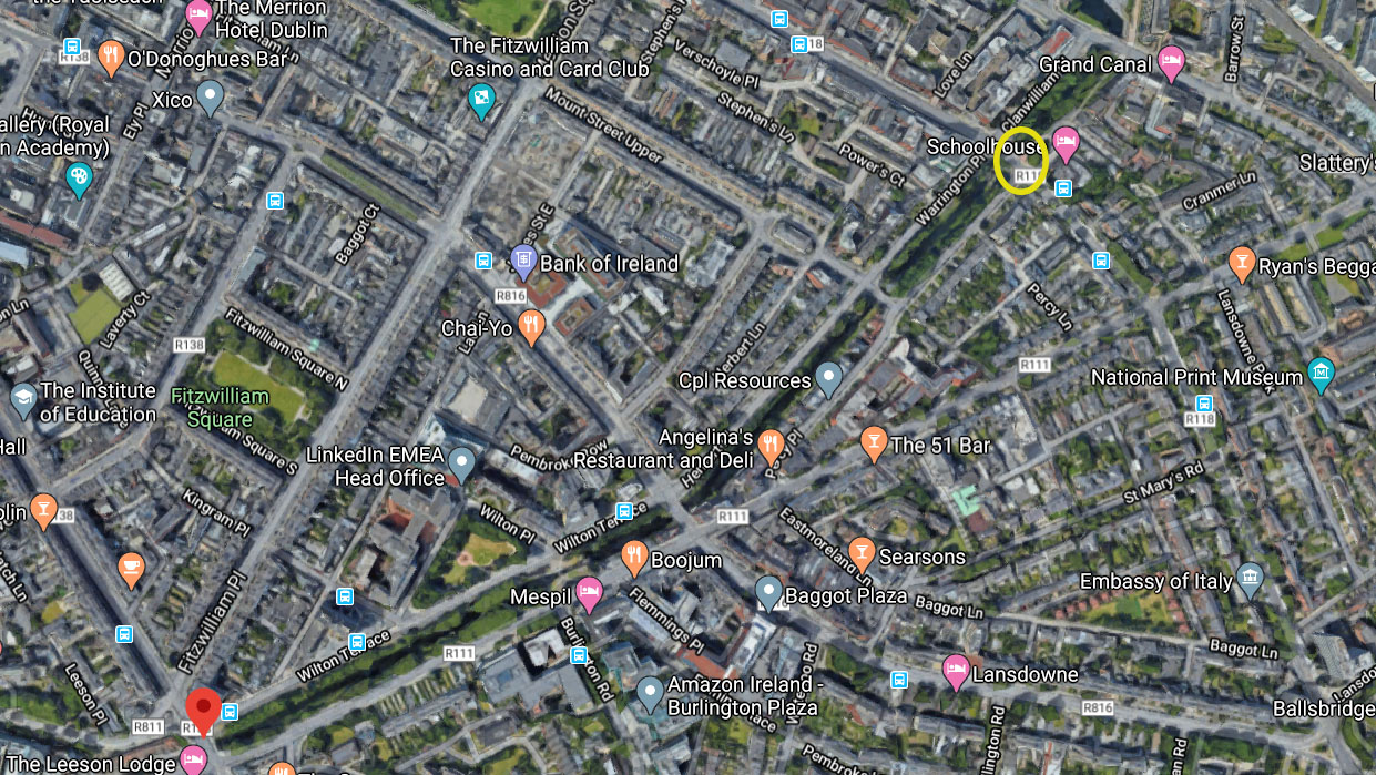 Leeson Street Bridge and Mount Street Bridge in Dublin shown on Google map