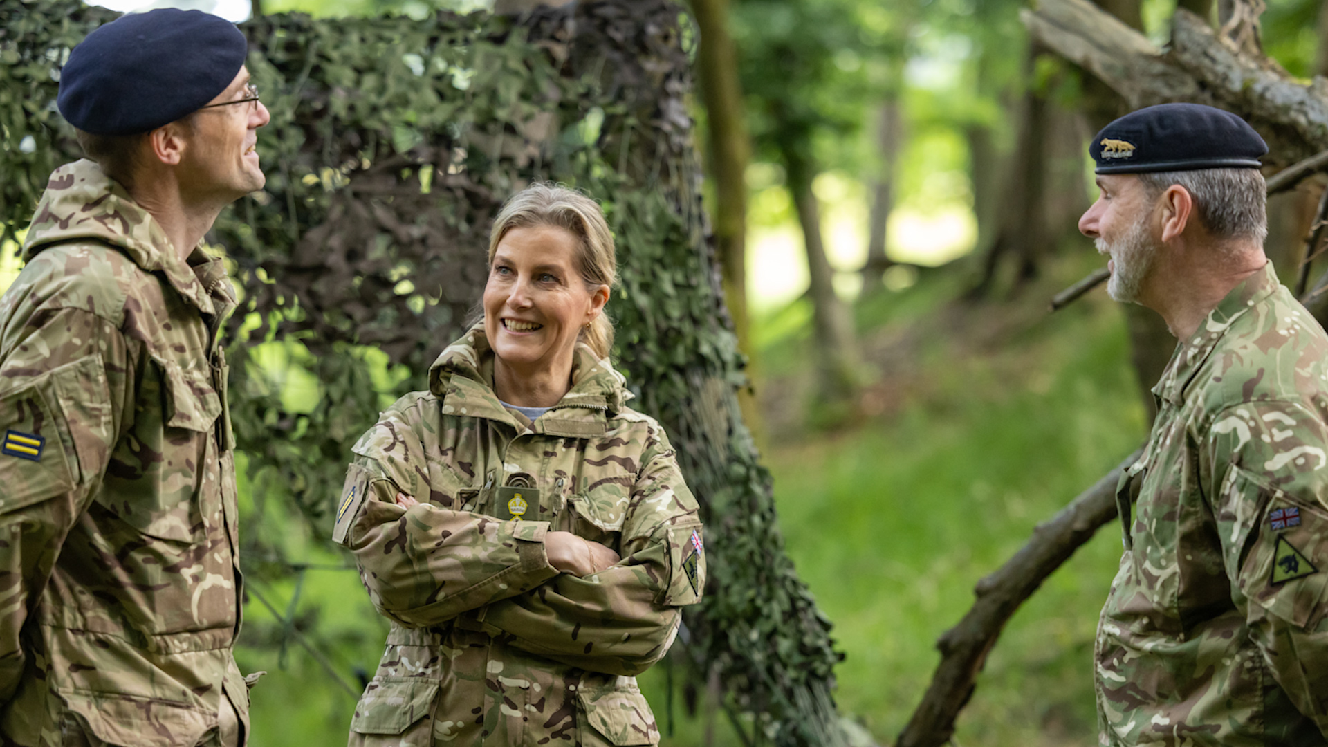 Left to right, Lieutenant Colonel Charles Mackain-Bremner, The Duchess of Edinburgh, and Major West on the exercise area in Germany 13062024 CREDIT MOD